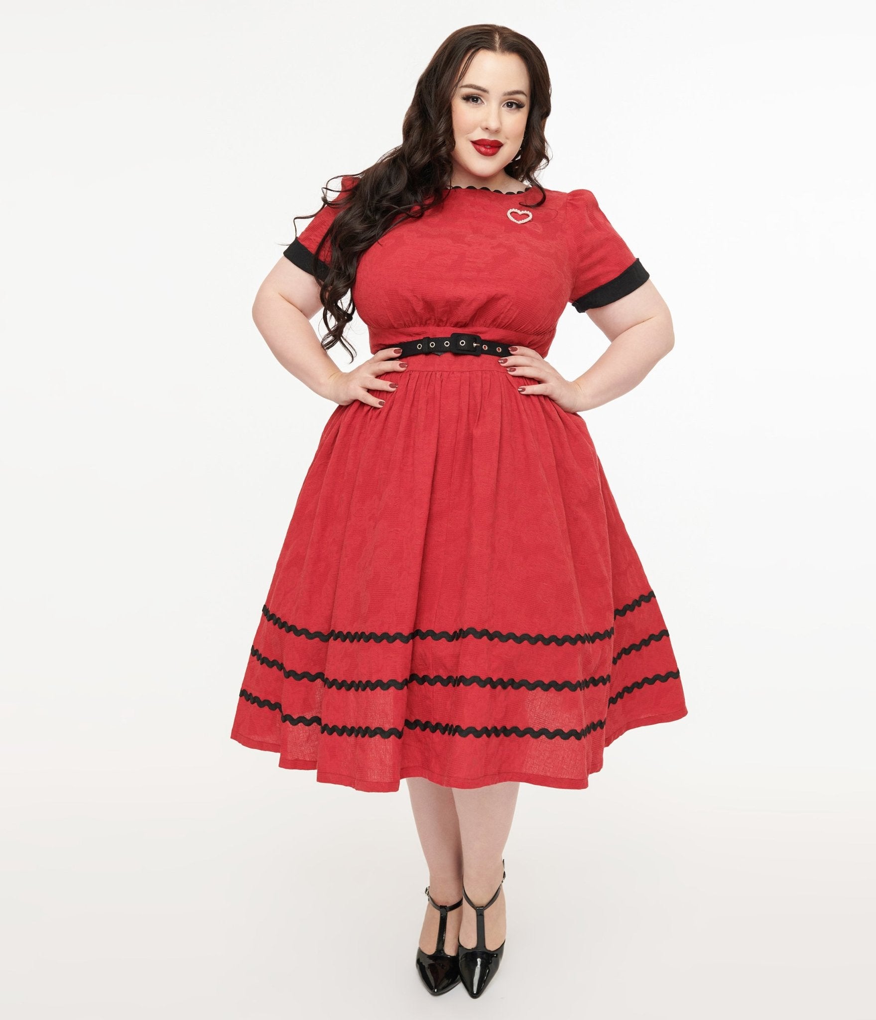 Unique Vintage Plus Size 1950s Red & Faux Pearl Heart Pin Cotton Swing Dress