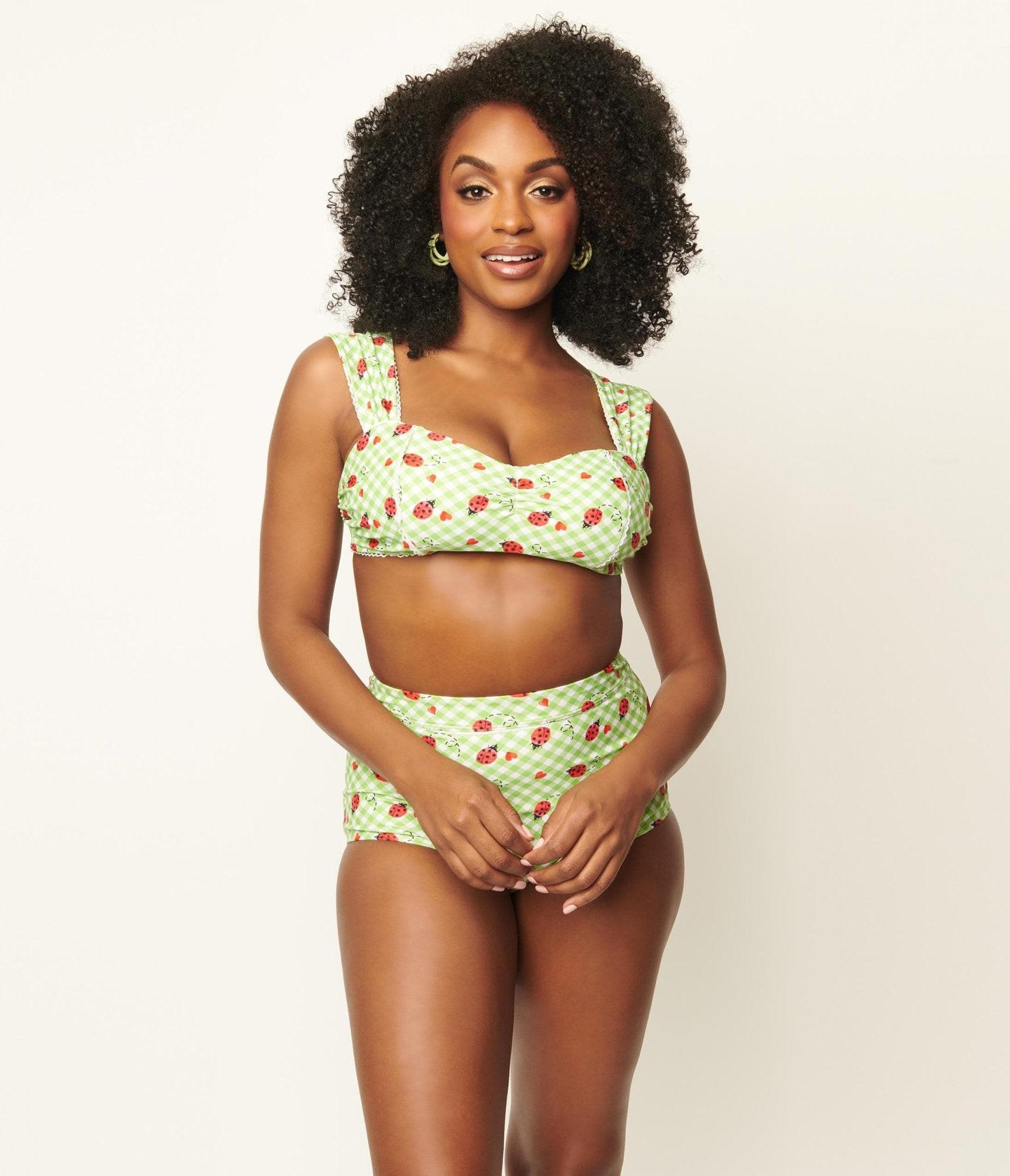 Unique Vintage Green Gingham & Ladybug Print Ruched & Ready Swim Top