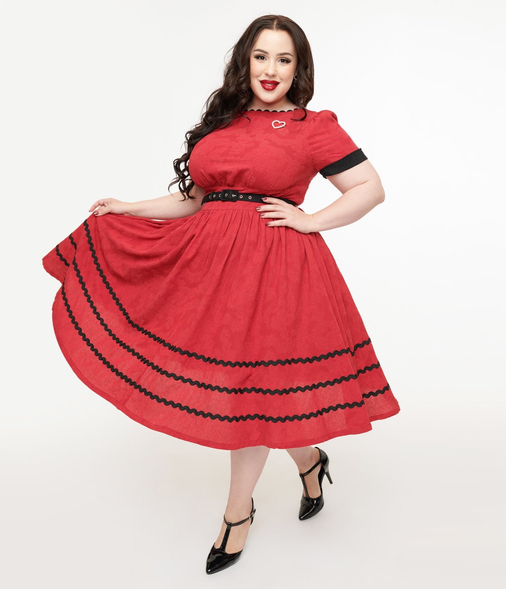 Unique Vintage Plus Size 1950s Red & Faux Pearl Heart Pin Cotton Swing Dress