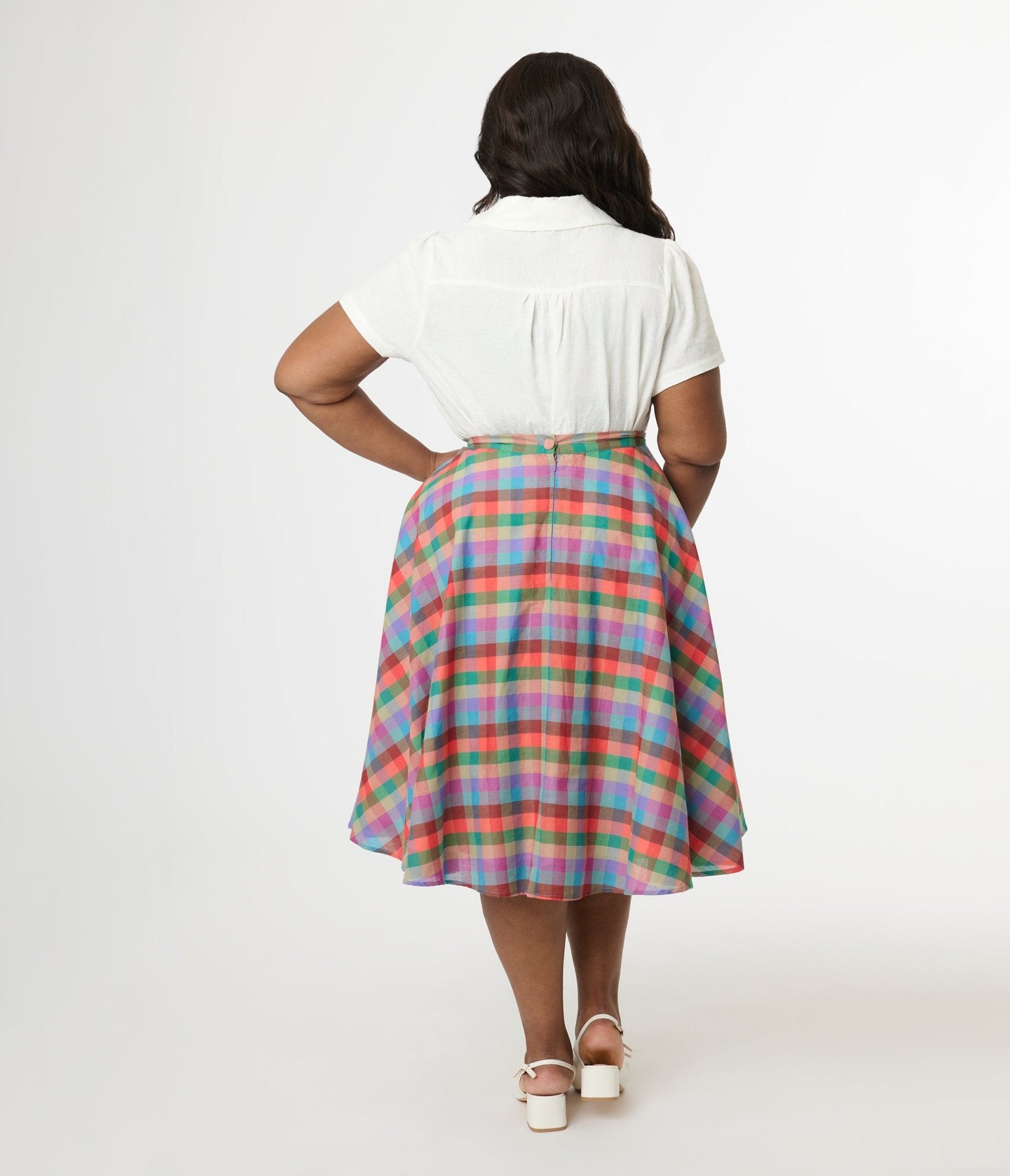 Magnolia Place Plus Size 1950s Multicolor Madras Plaid Cotton Sally Swing Skirt