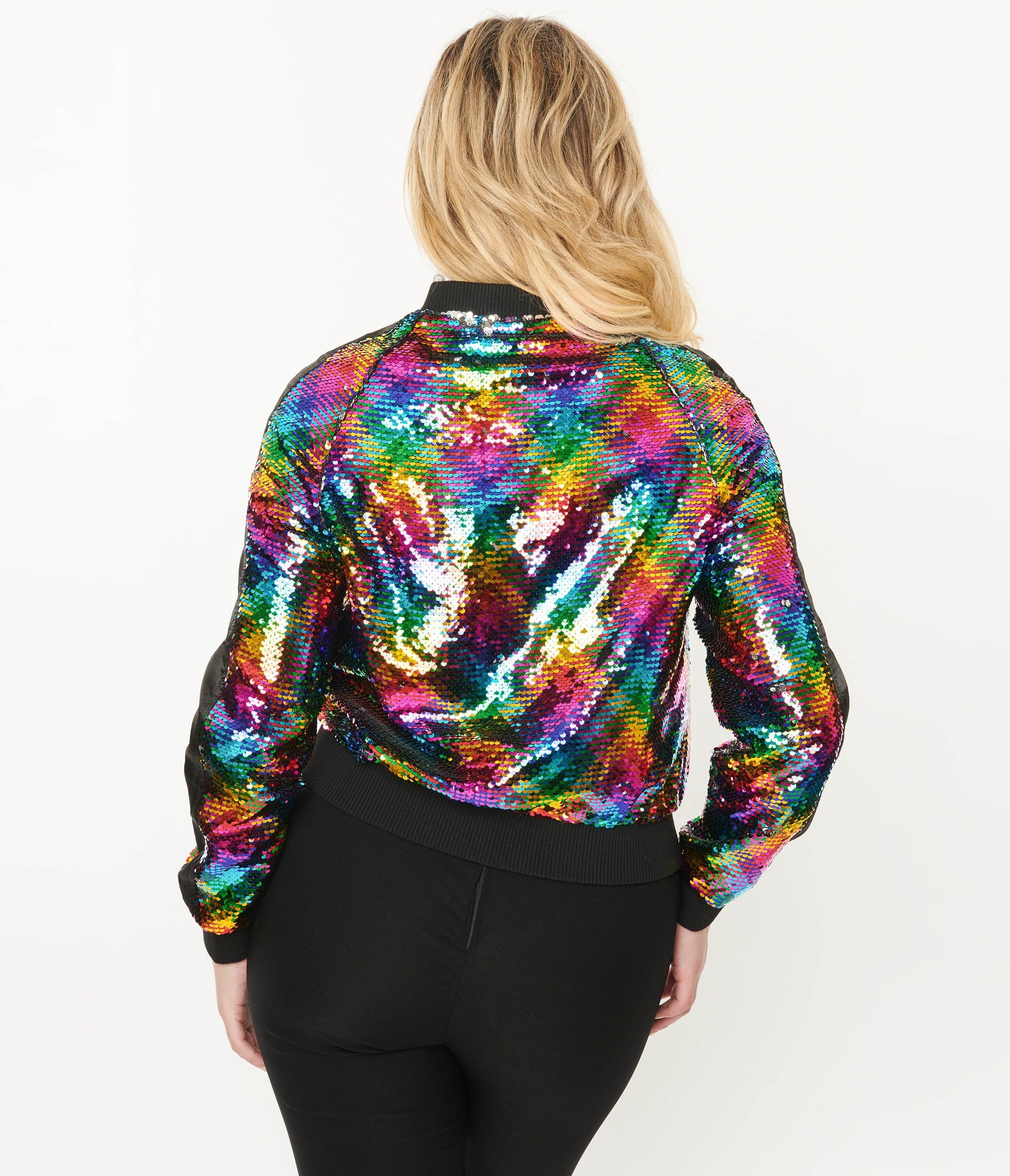 Unique Vintage Rainbow Sequin Satin Bomber Jacket