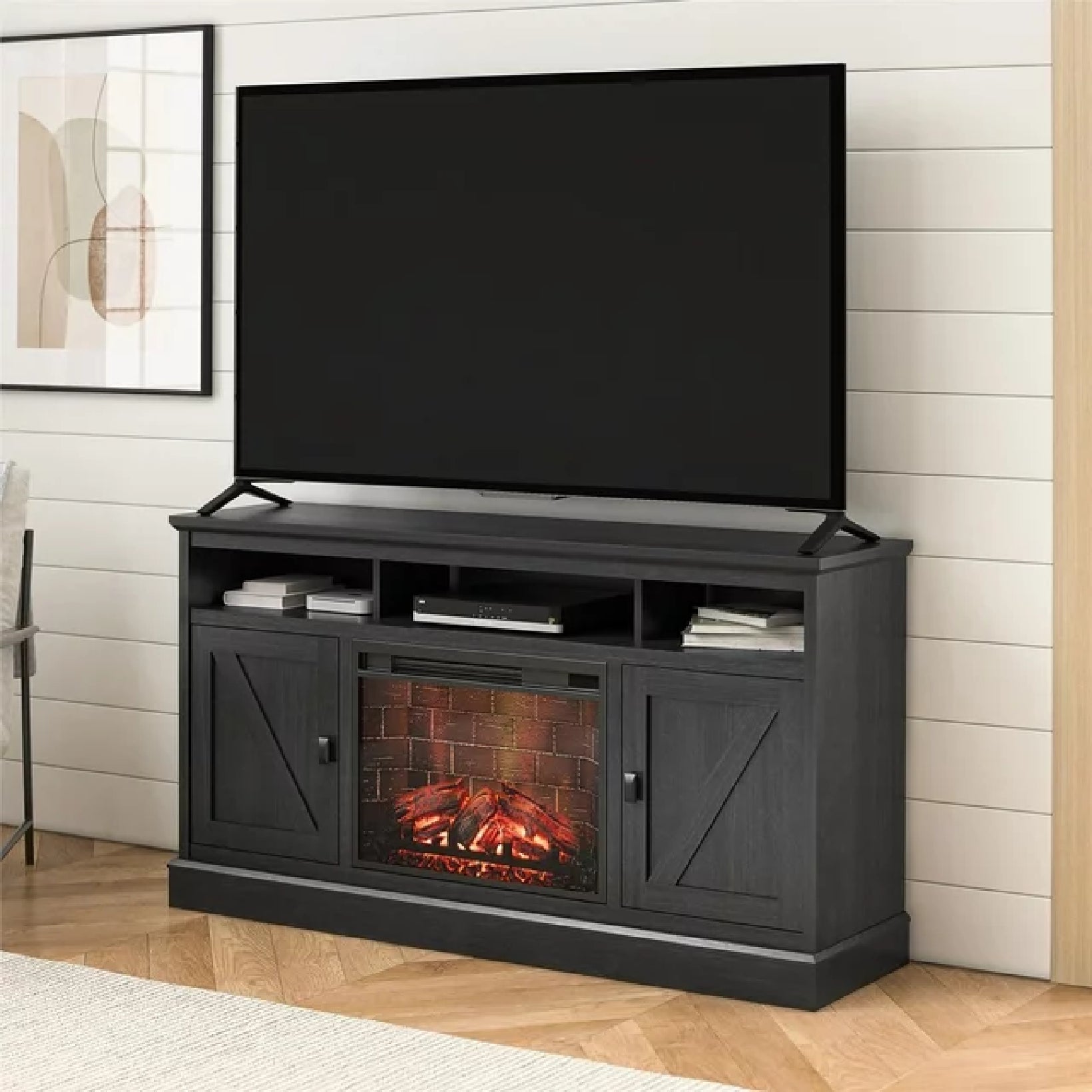 Ameriwood Home 1674911W Ashton Lane Electric Fireplace TV Stand for TVs up to 65, Black Oak