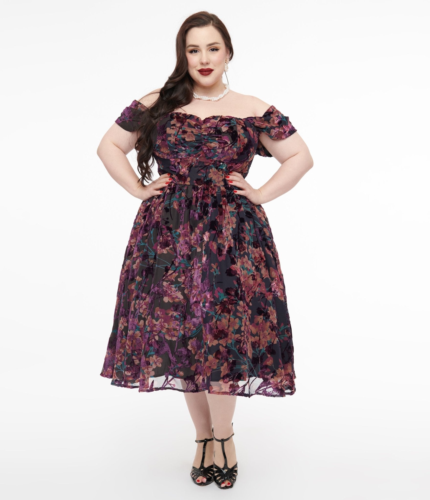 Unique Vintage Plus Size 1950s Purple Floral Velvet Burnout Off Shoulder Flare Dress