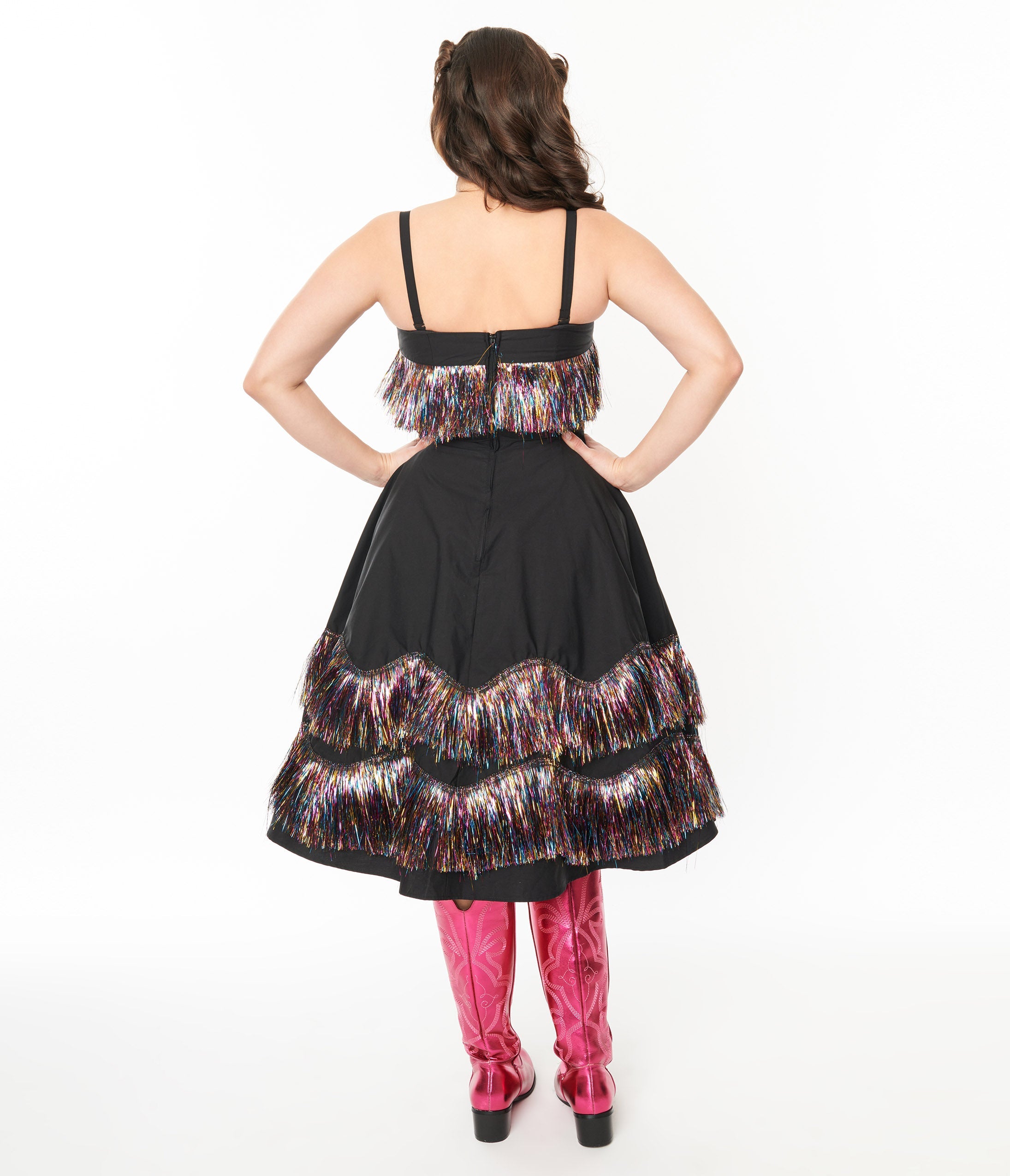 Unique Vintage Black & Rainbow Fringe Girlie Swing Dress