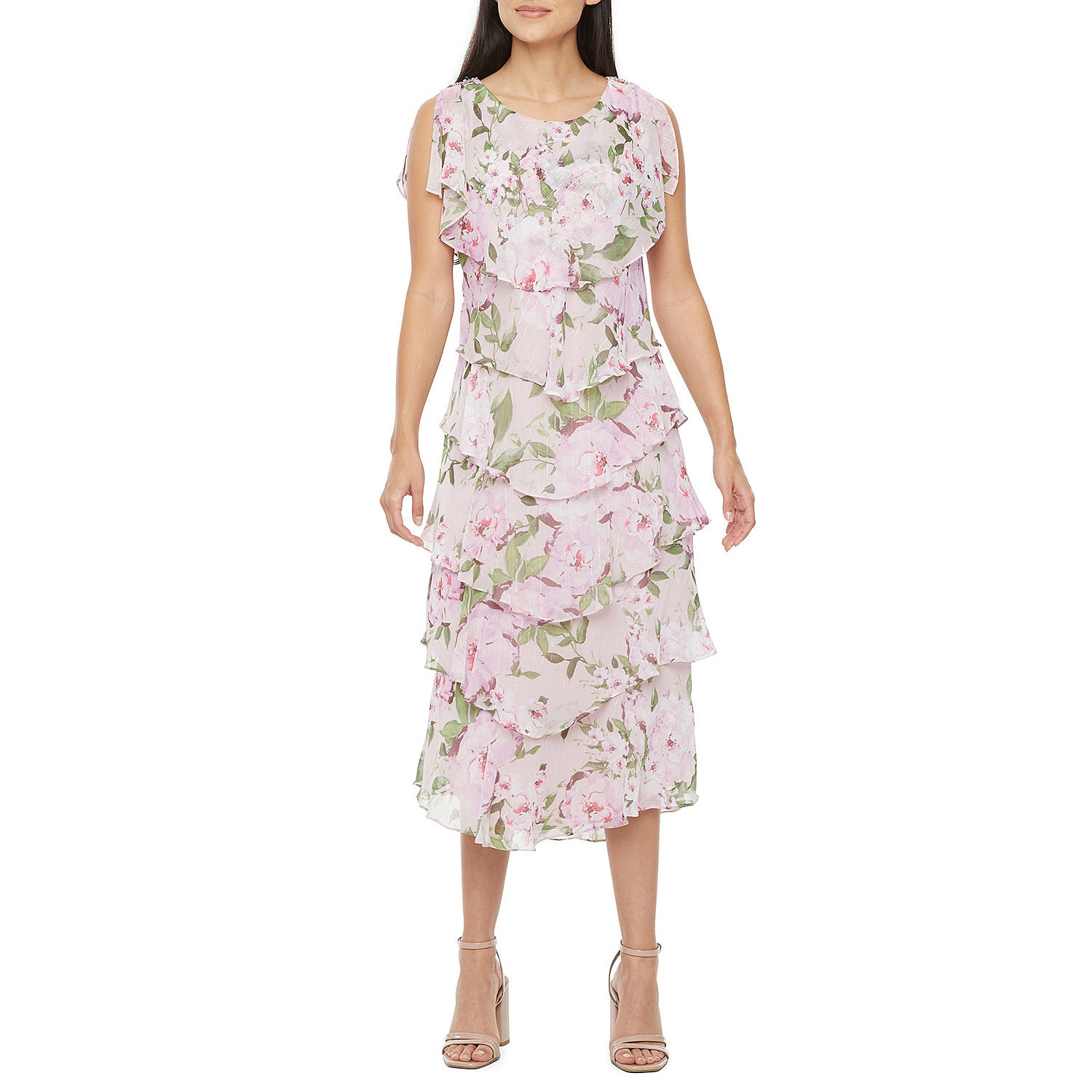 S. L. Fashions Women's Short Split-Sleeve Floral Midi Shift Dress BLUSH PINK MULTI 10