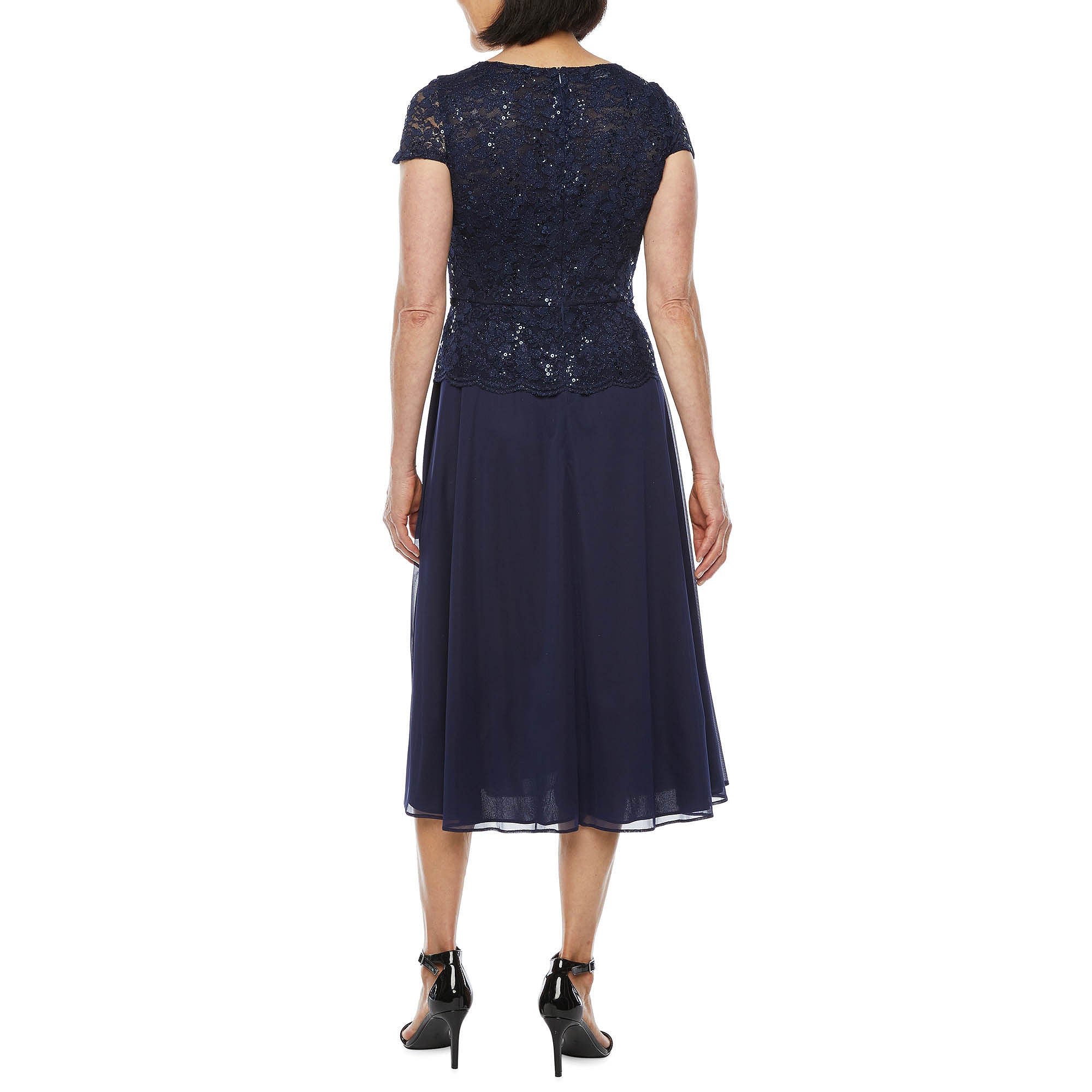 R & M Richards Rhinestone Short Sleeve Midi Fit + Flare Dress - NAVY 12