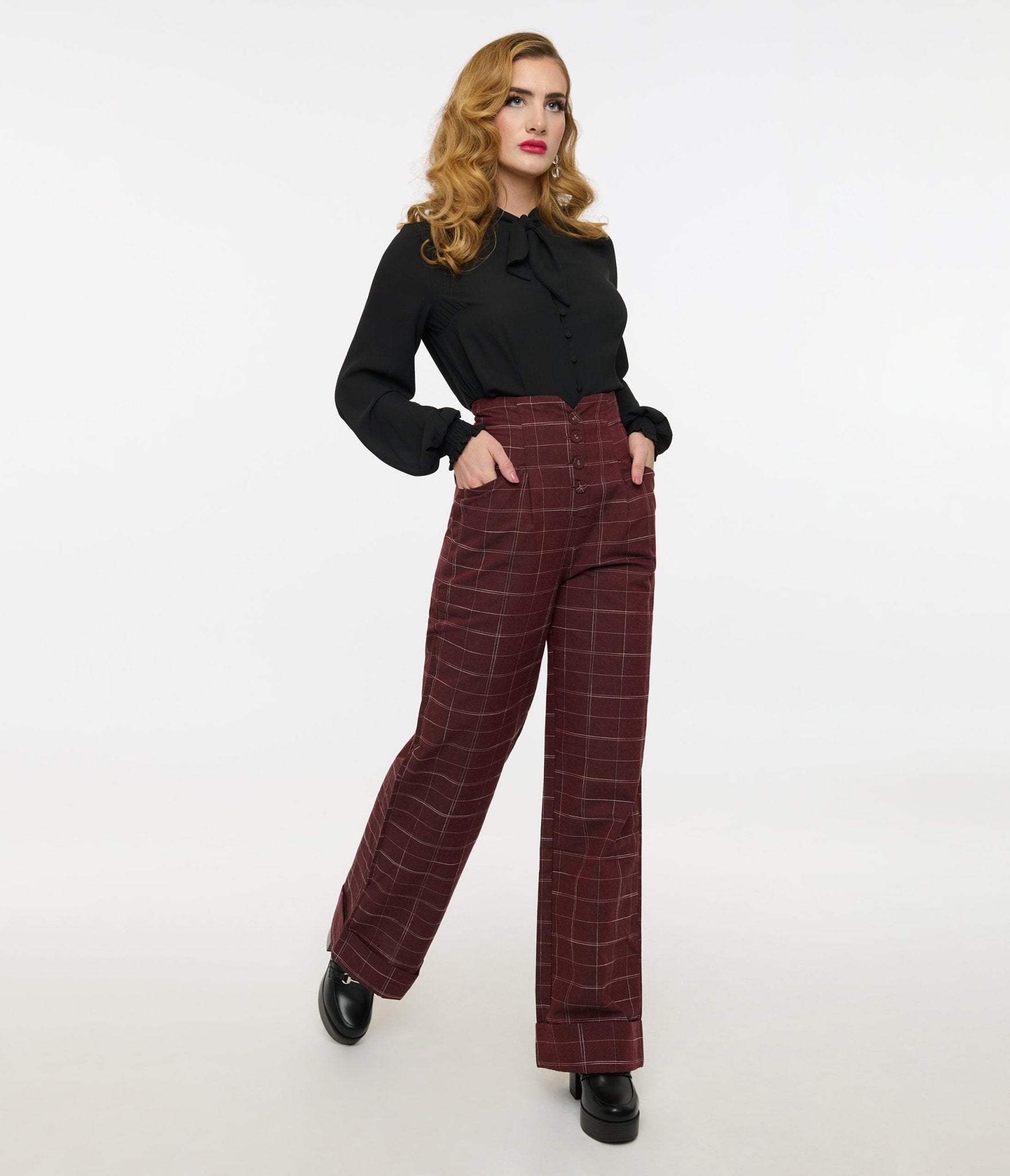 Unique Vintage 1940s Burgundy Windowpane Buttoned Wide Leg Trousers