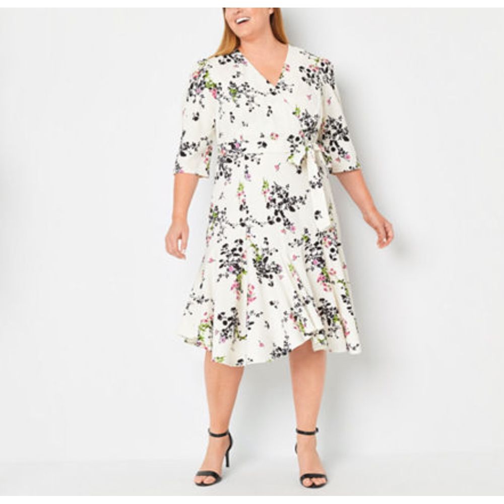 Danny & Nicole Plus 3/4 Sleeve Floral Fit + Flare Dress - CREAM MULTI 16W