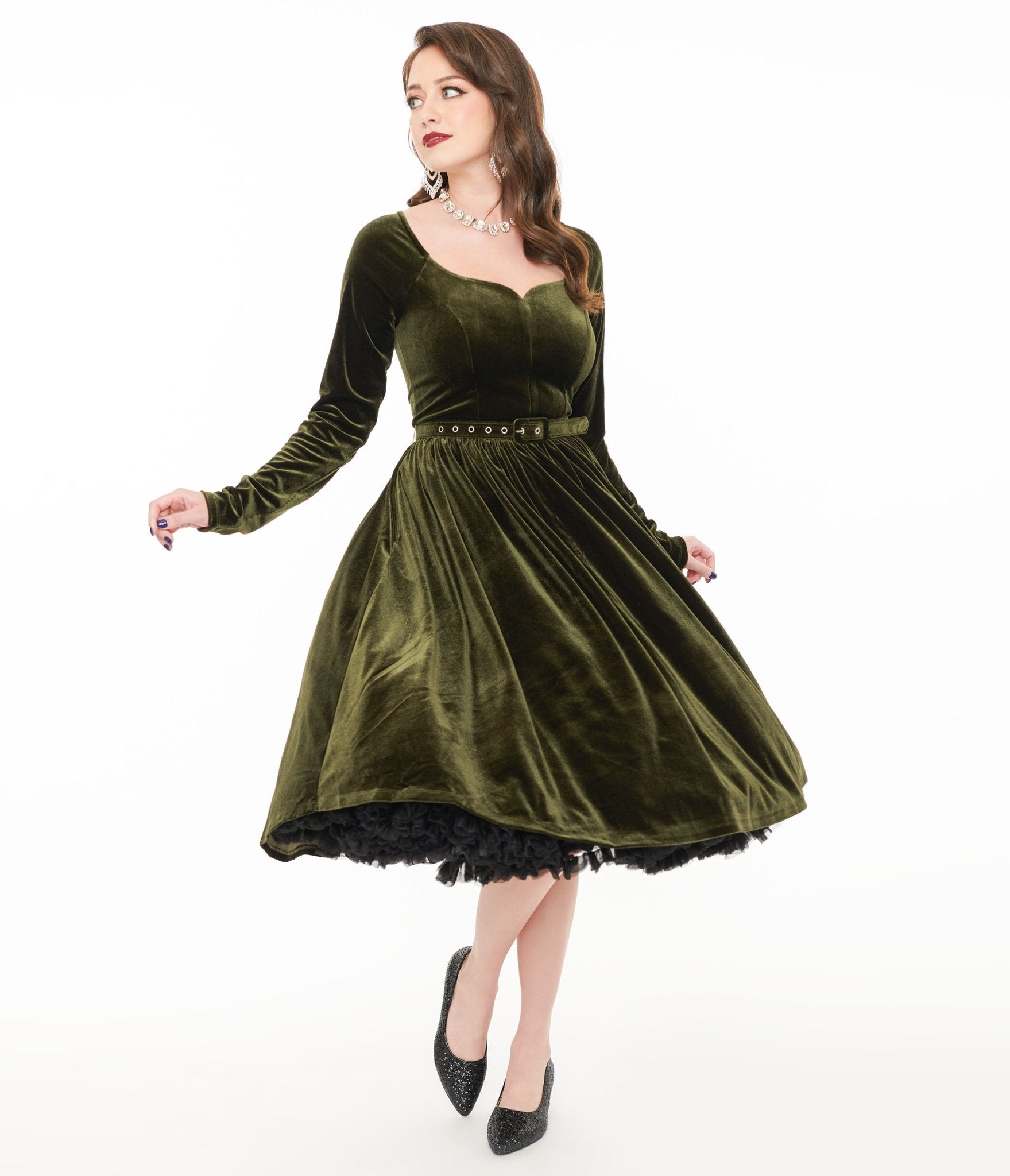 Unique Vintage 1950s Dark Olive Velvet Sweetheart Swing Dress