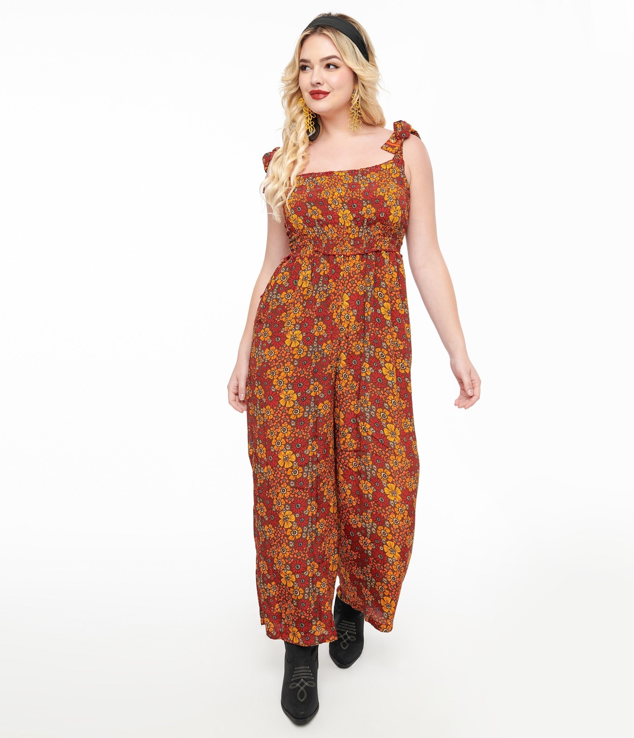 1970s Brown & Orange Flower Child Silk Jumpsuit