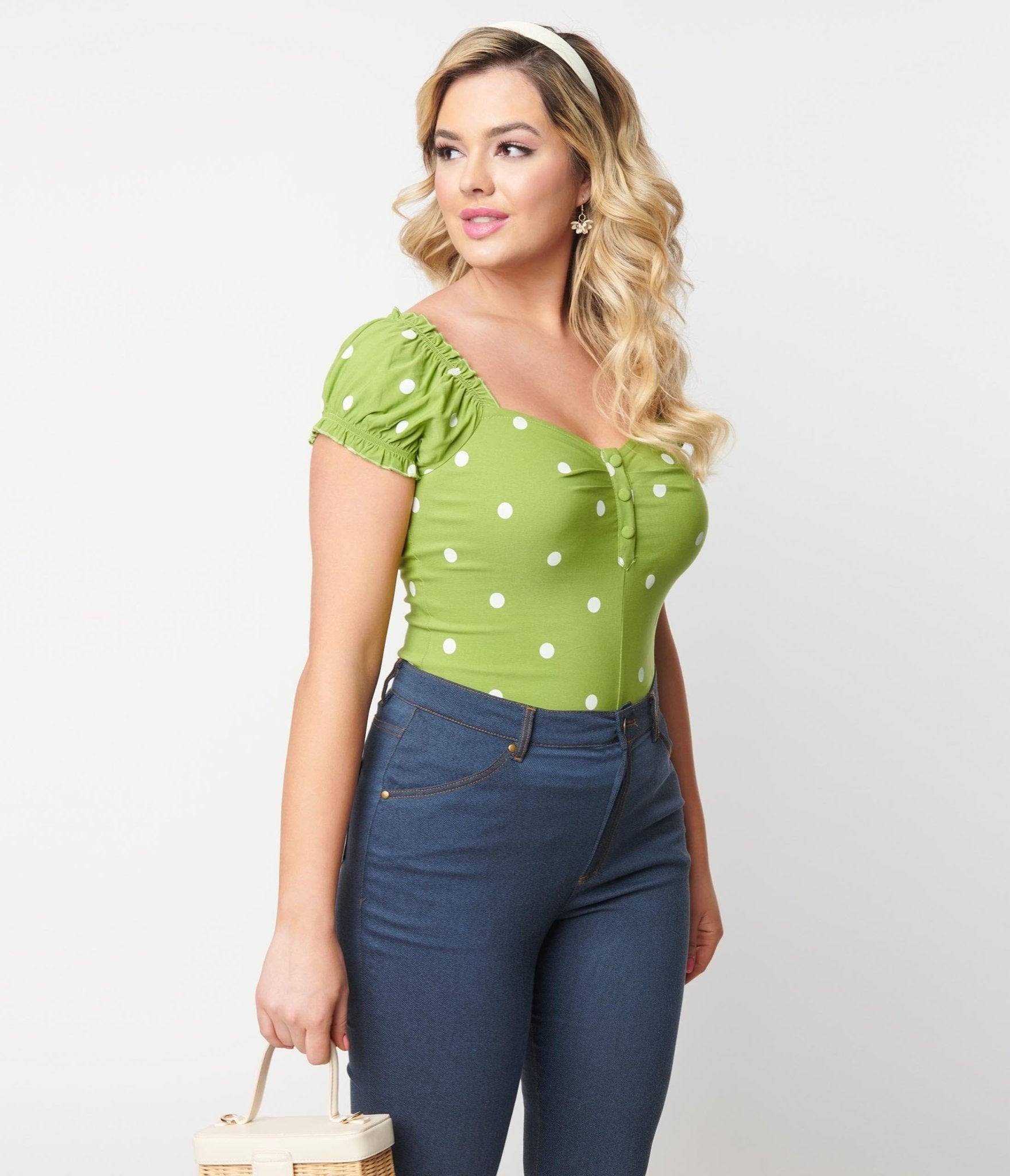 Unique Vintage Green & White Polka Dot Sweetheart Loretta Top