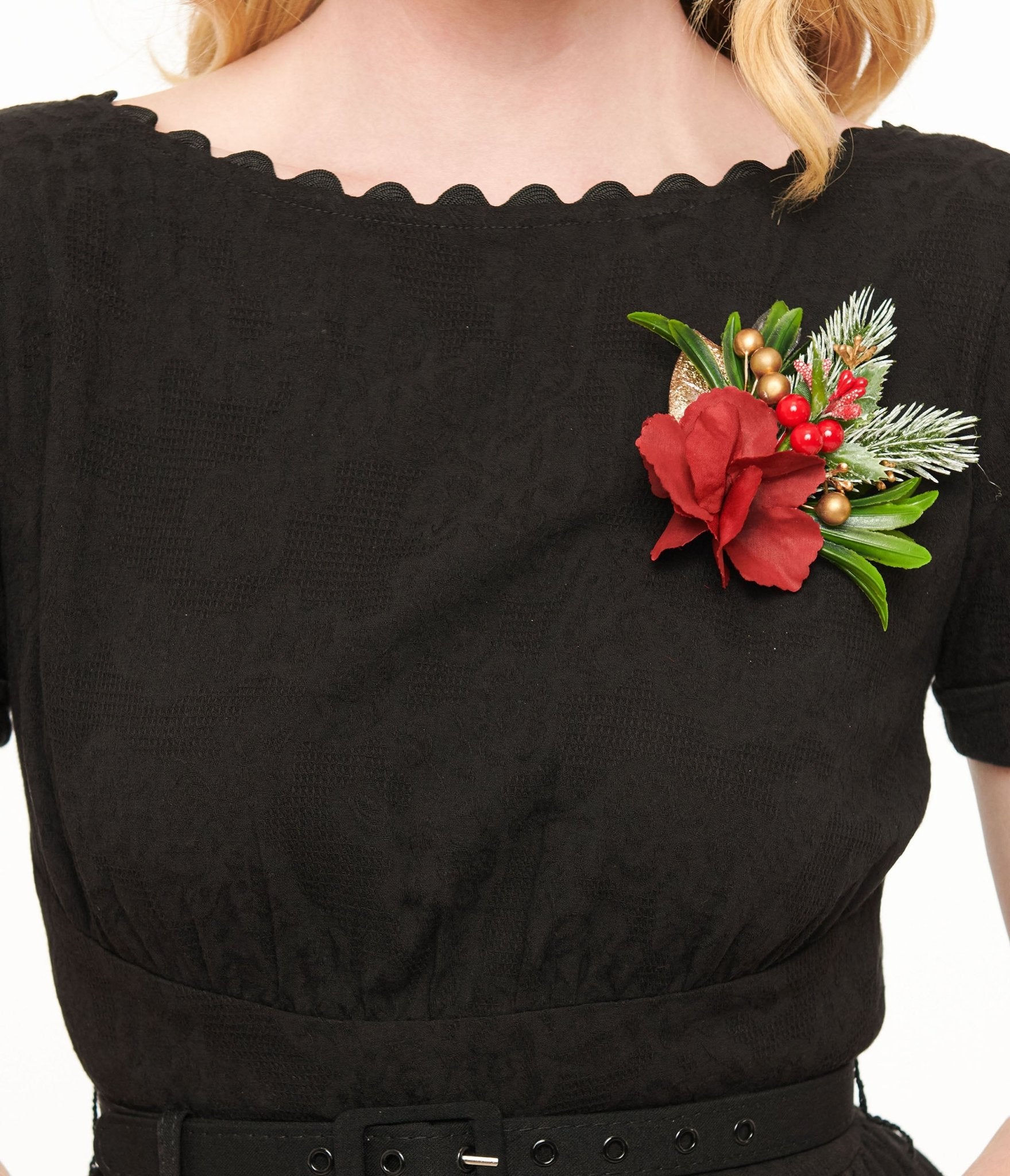 Unique Vintage 1950s Black Holiday Floral Pin Cotton Swing Dress