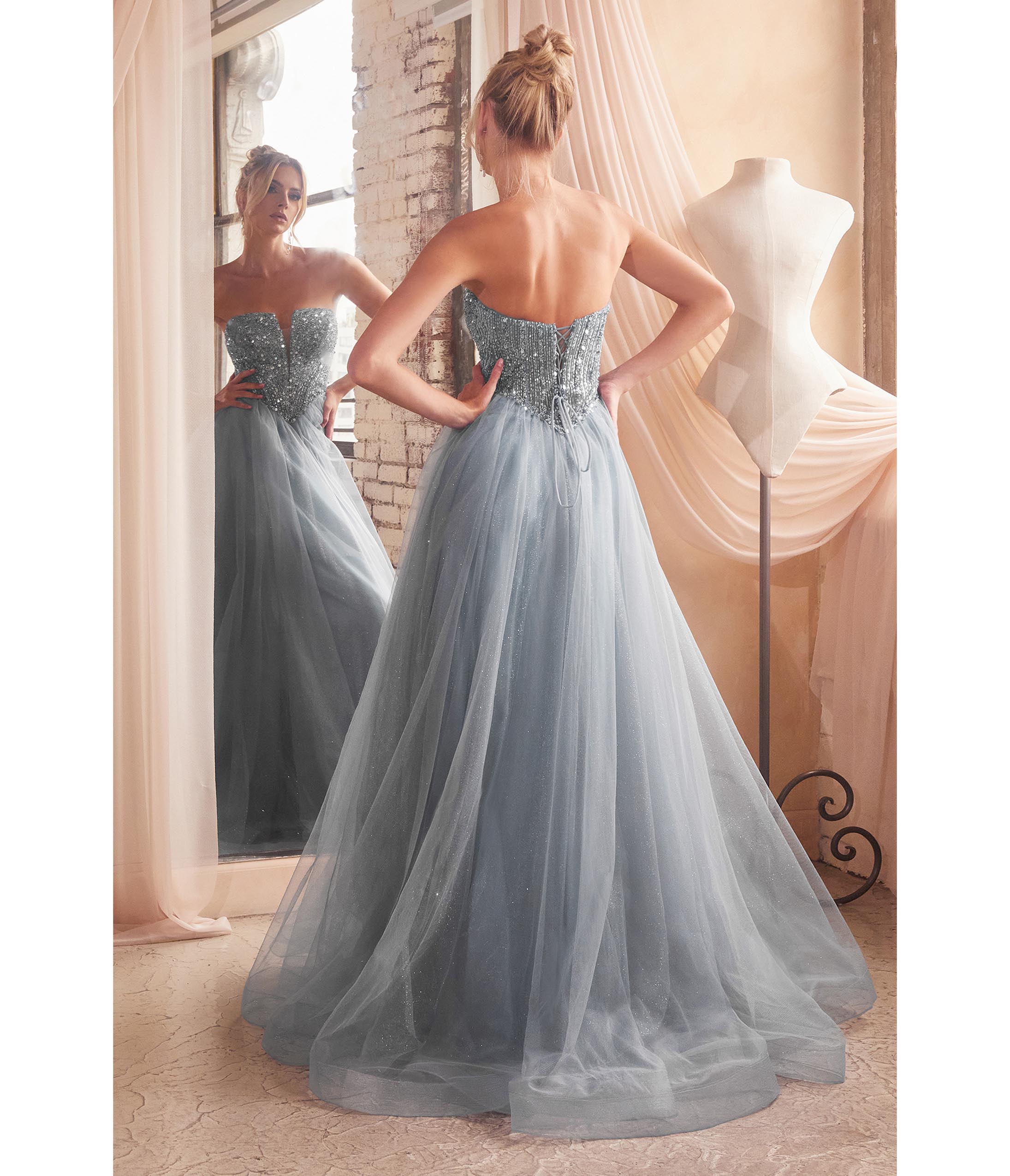 Ladivine by Cinderella Divine Smoky Blue Glitter Bodice & Tulle Prom Ball Gown