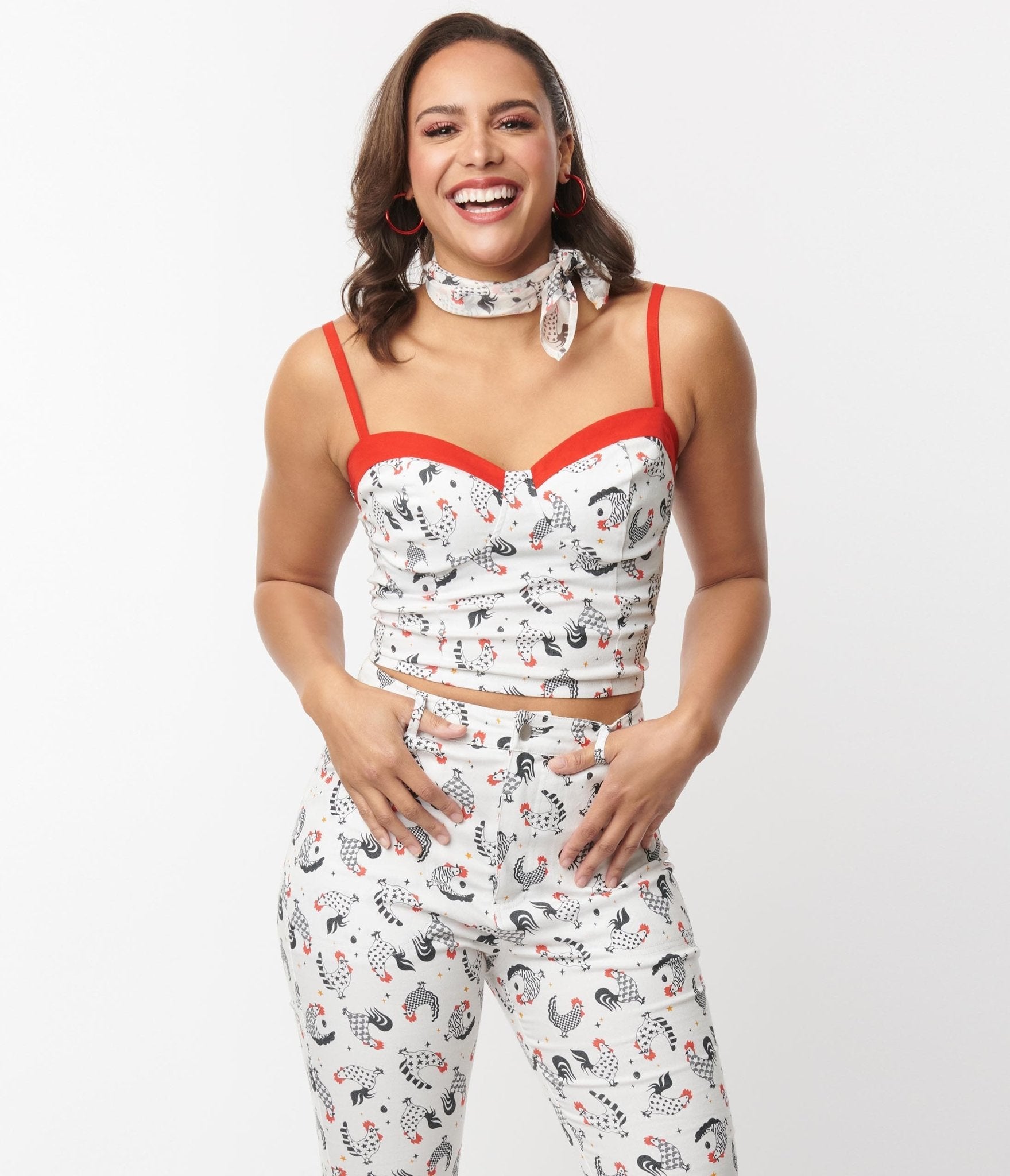 Unique Vintage Chicken Print & Red Contrast Crop Top