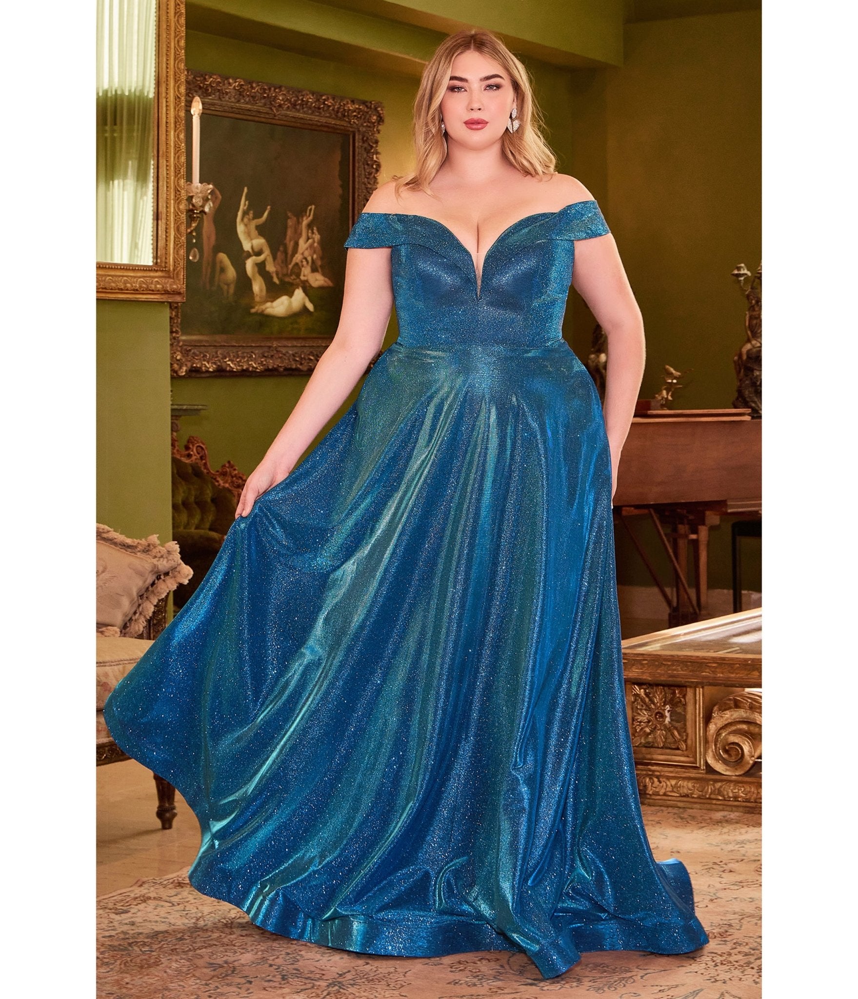 Ladivine by Cinderella Divine Plus Size Metallic Blue Off The Shoulder Bridesmaid Gown