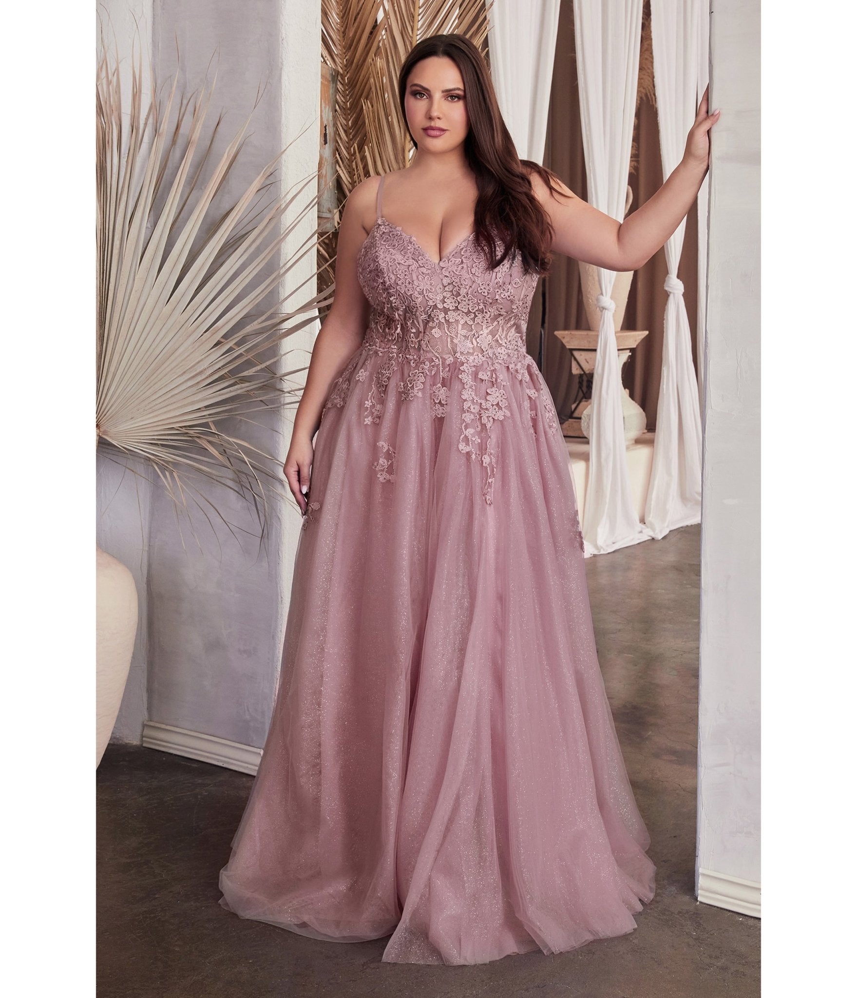 Ladivine by Cinderella Divine Plus Size Dusty Mauve A Line Lace & Tulle Bridesmaid Gown