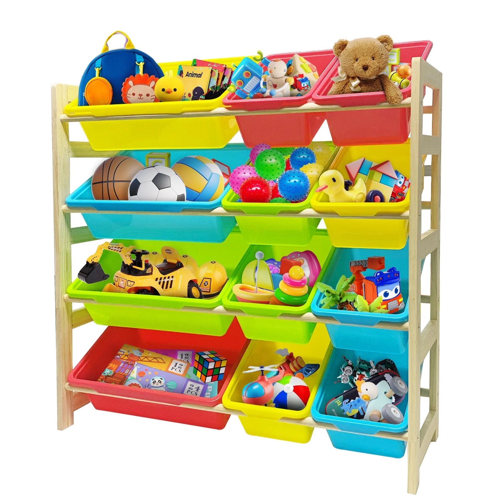 Olizee OLIWJSNJ-1 Kids Toy Storage Organizer W/12 Plastic Storage Bins, Red/Yellow/Blue/Green