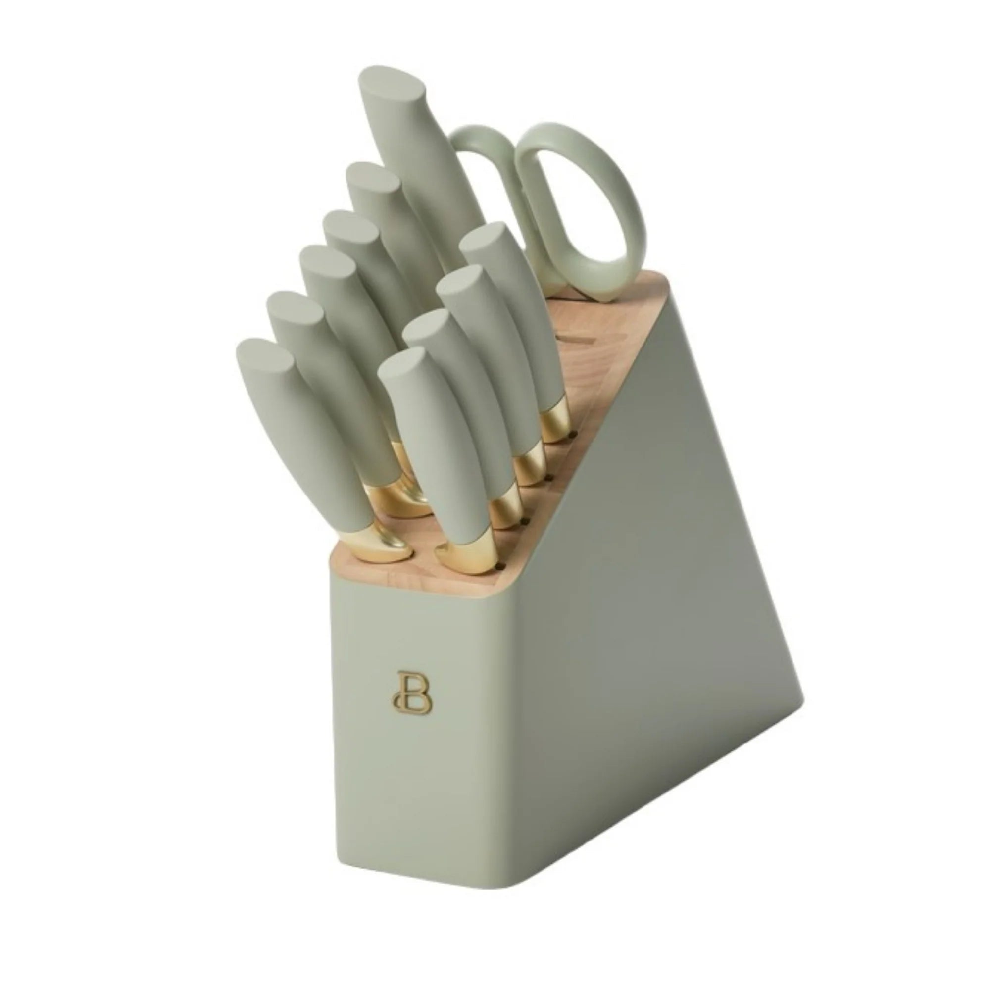 Beautiful 5321165 12pc Sage Green Stainless Steel Knife Block Set Soft-Grip Handles by Drew Barrymore