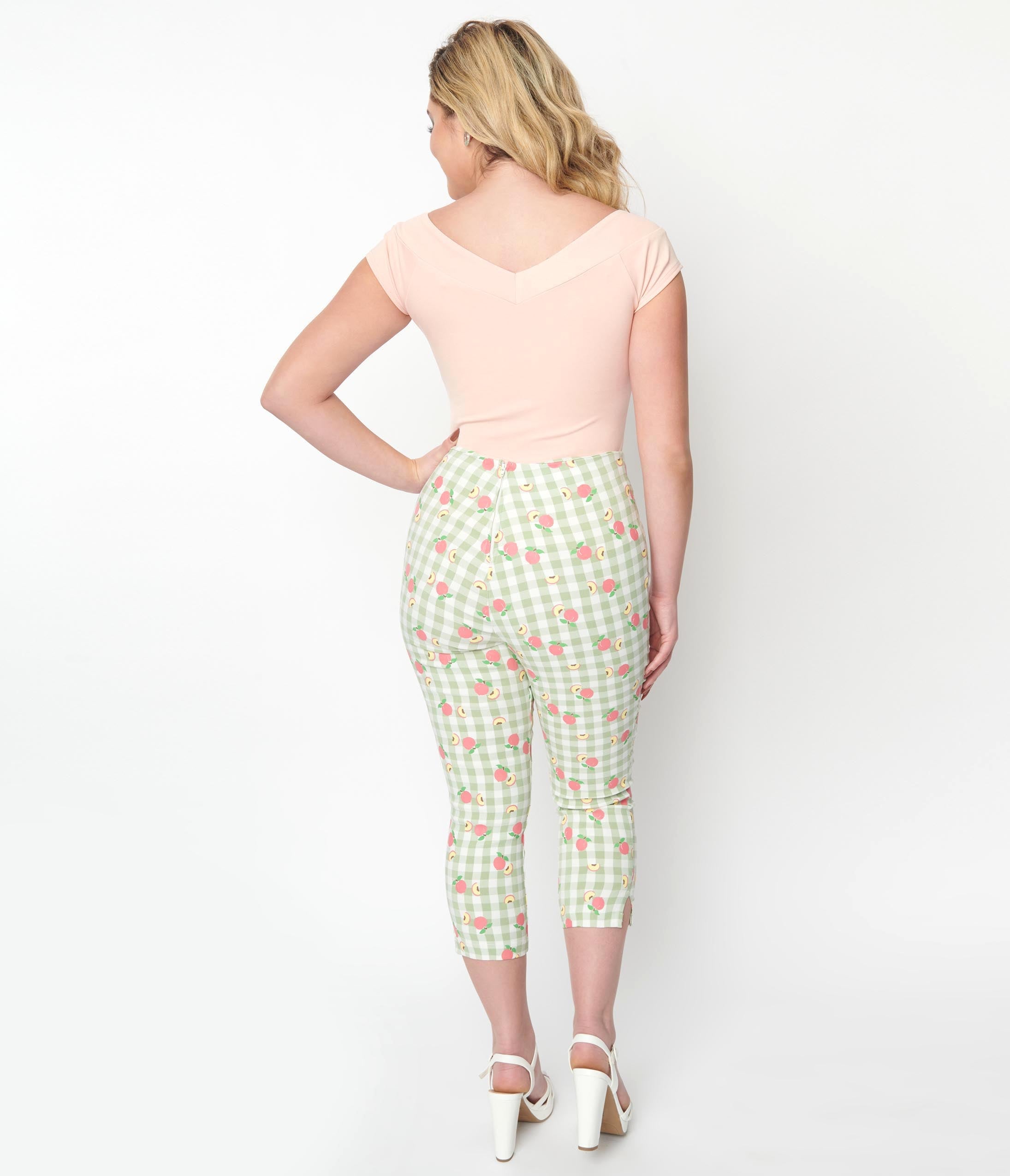 Unique Vintage Light Green Gingham & Peaches Rachelle Capri Pants