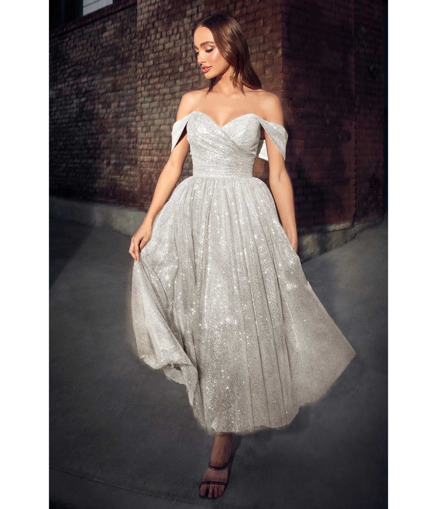 Ladivine by Cinderella Divine Off White Glitter Off The Shoulder Tea Length Gown