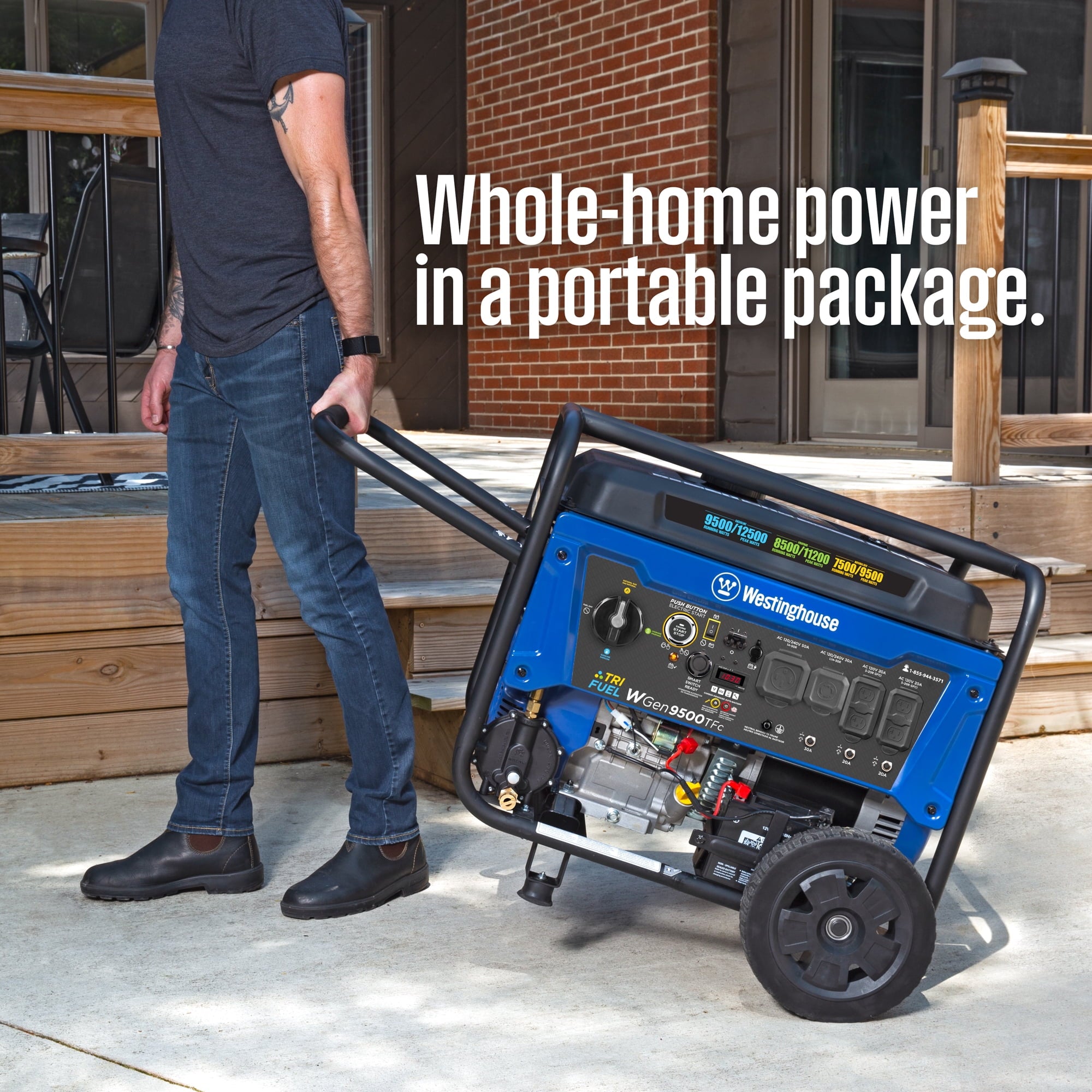 Westinghouse WGen9500TFc 12,500 Peak Watt Tri-Fuel Portable Generator, CO Sensor, Gas, Propane or Natural Gas