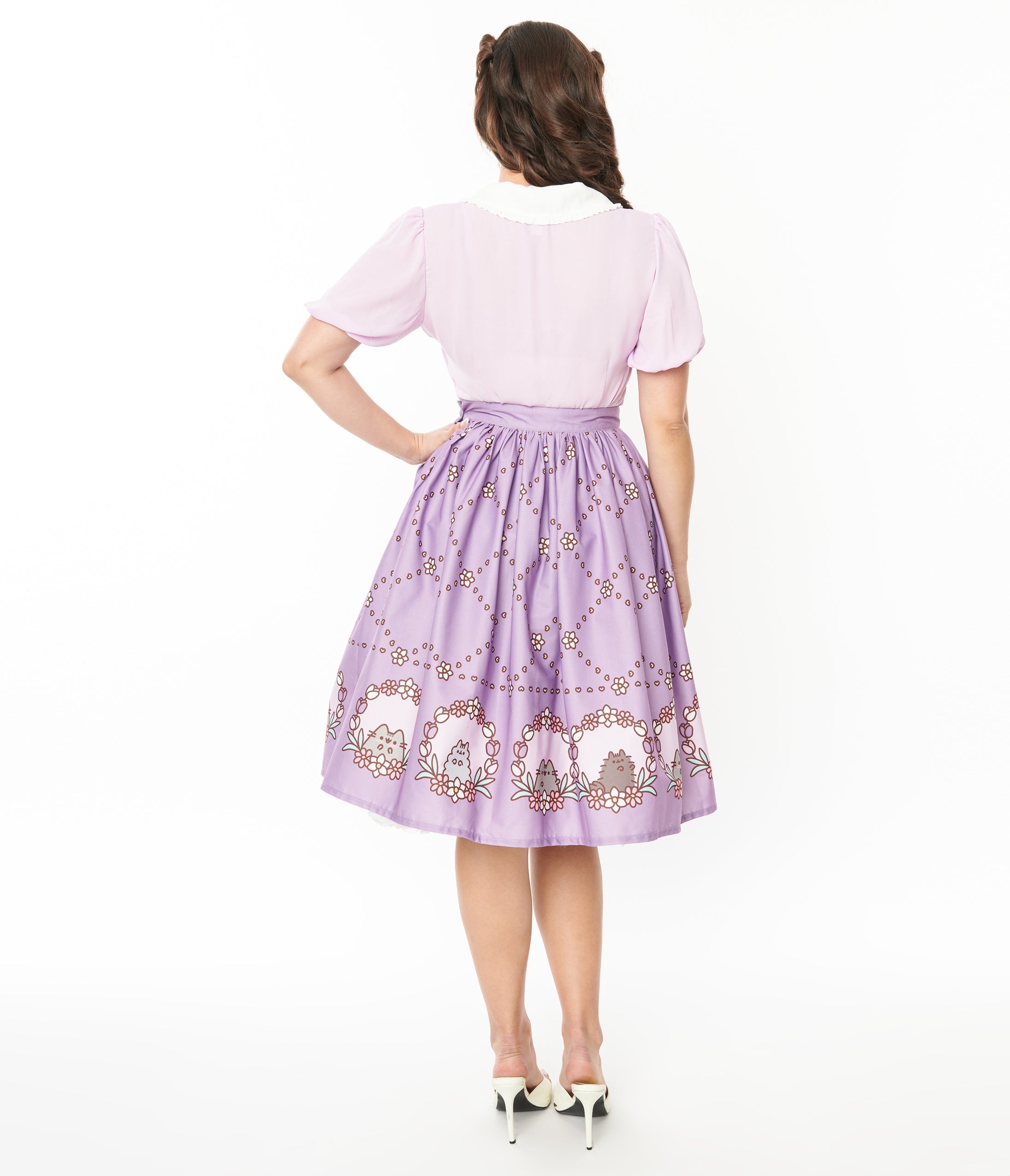 Pusheen x Unique Vintage Lavender Pusheen Floral Frame Print Gellar Swing Skirt