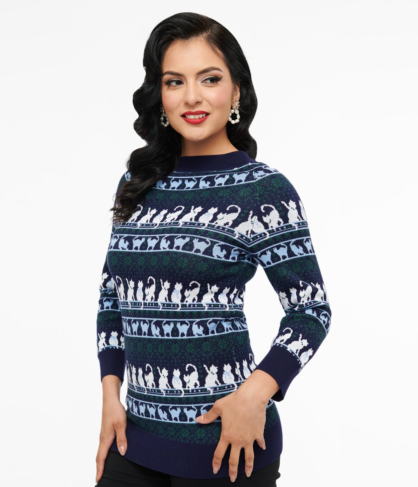 Unique Vintage 1940s Navy & White Cat Pattern Lorelai Sweater