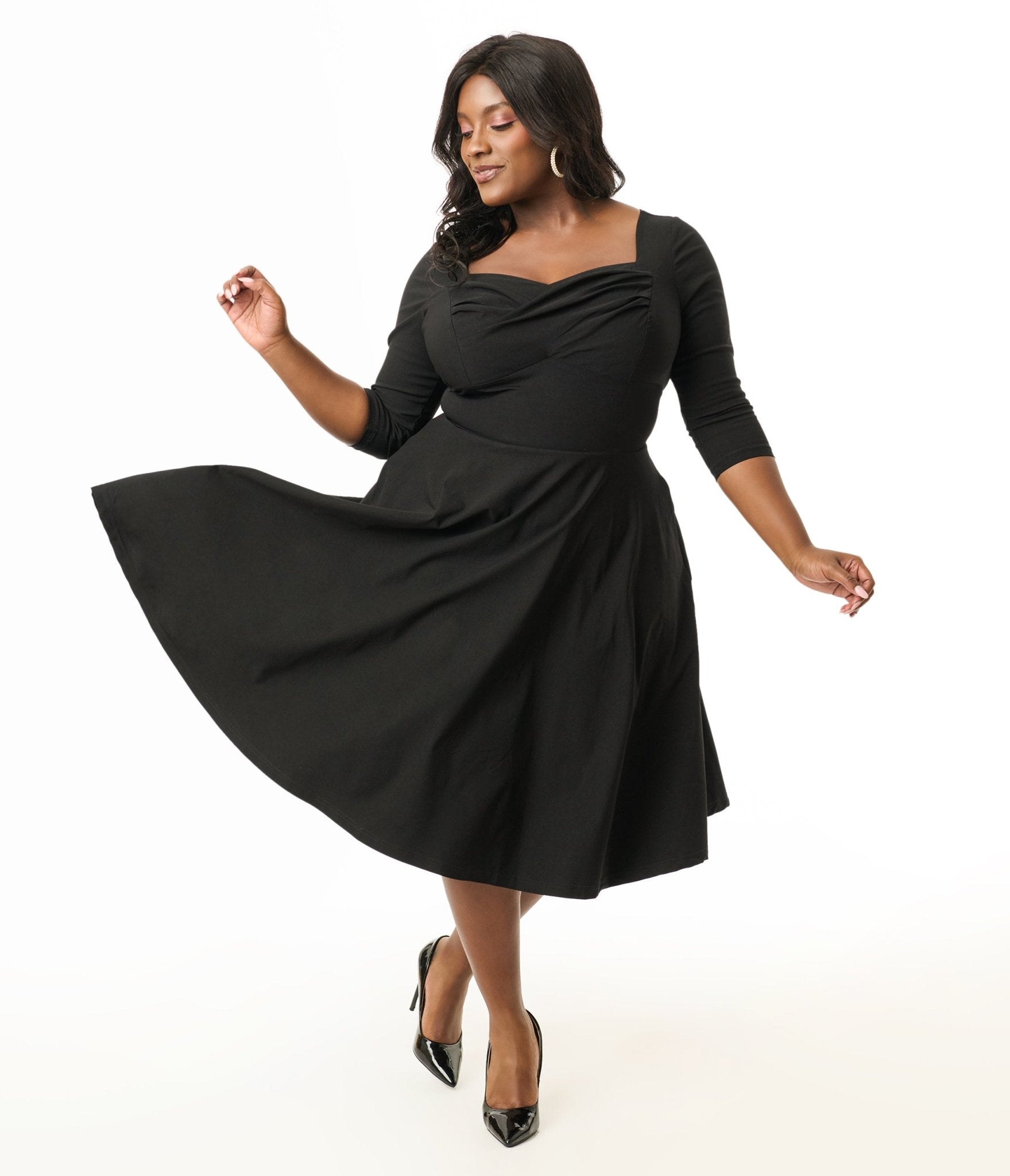 Unique Vintage Plus Size 1950s Black Pleated Bust Swing Dress