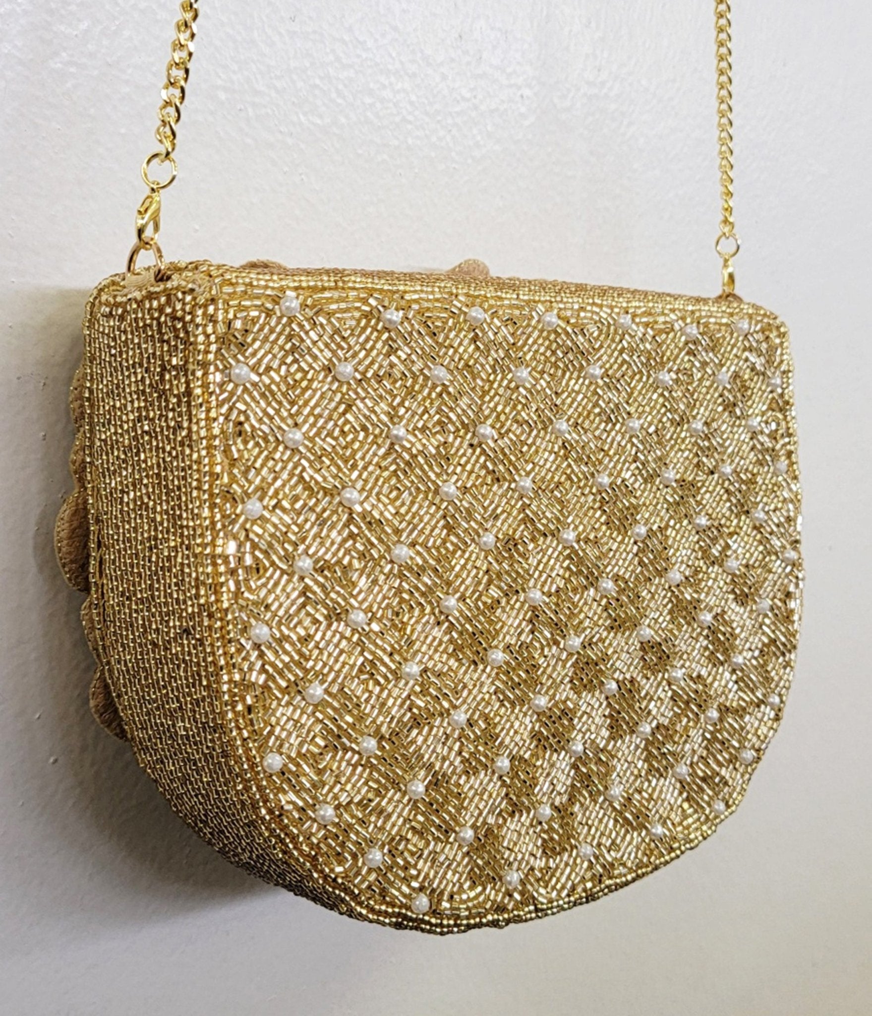 Gold Flower Beaded Crossbody Bag