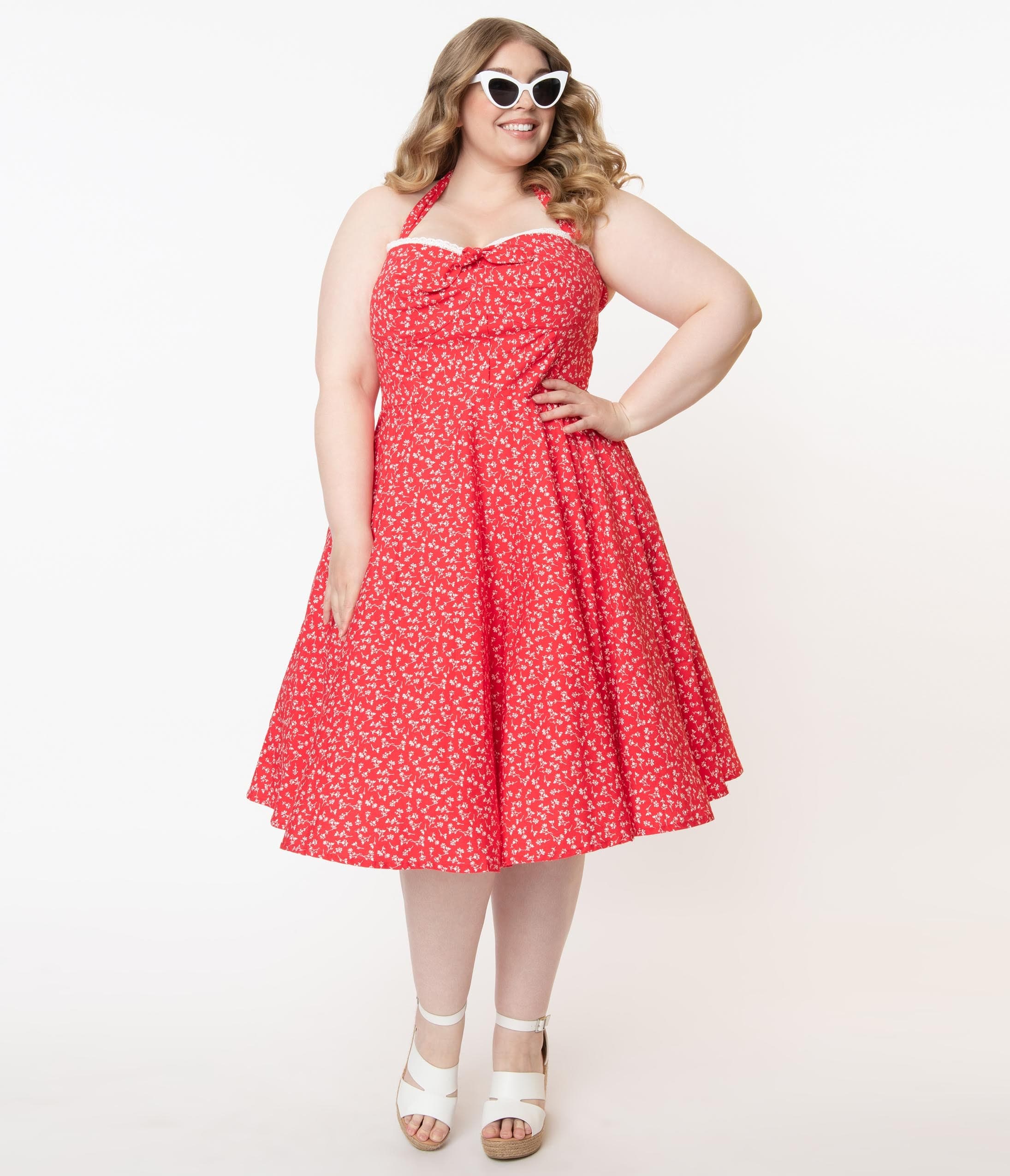 Plus Size Retro Red & White Floral Halter Kimberly Swing Dress