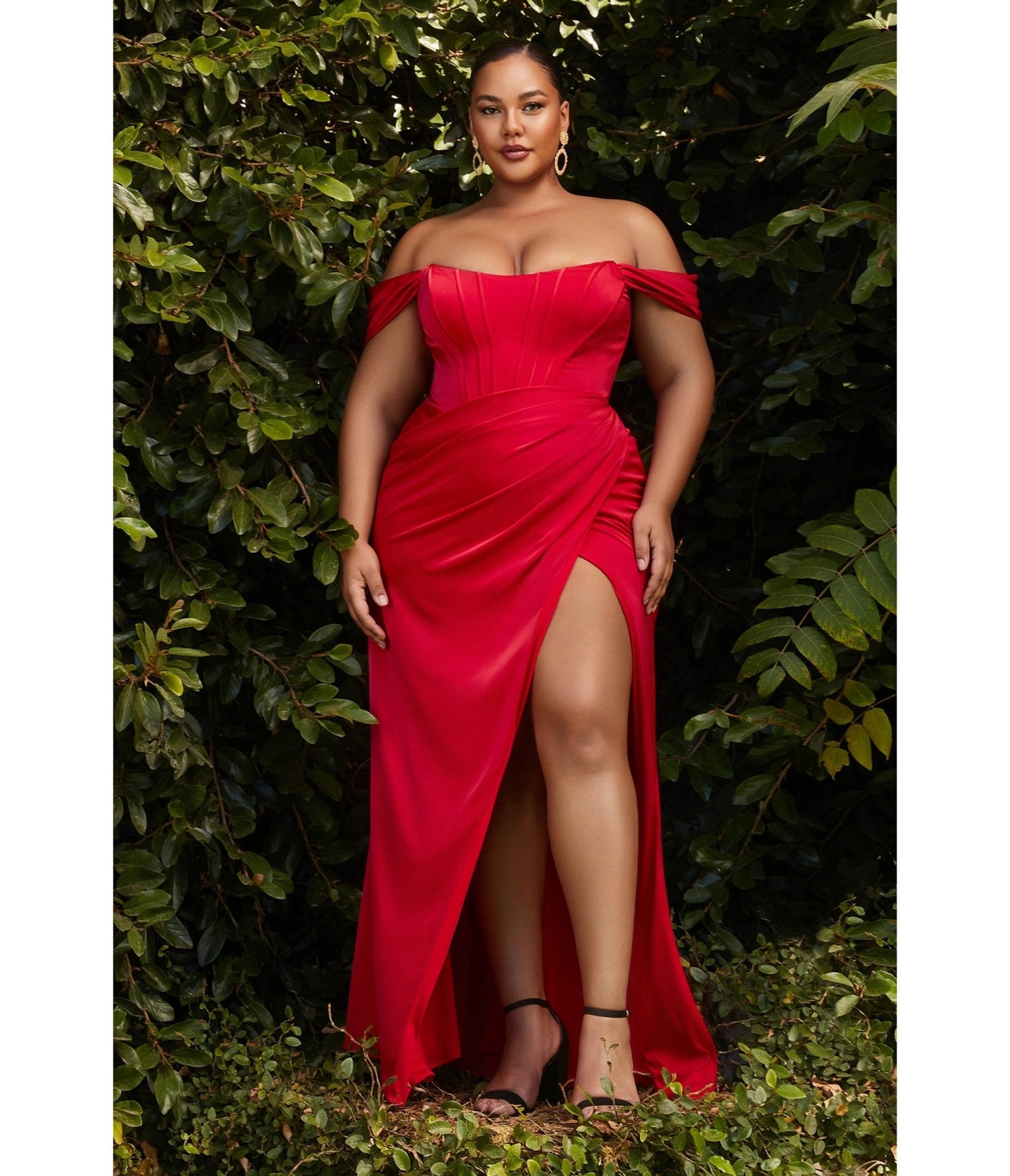 Ladivine by Cinderella Divine Plus Size Red Divine Satin Corset Off-Shoulder Prom Dress