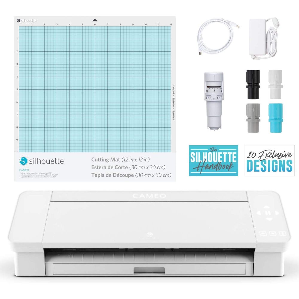 Silhouette SILHCAMEO4WHT4T Cameo 4 with Bluetooth, 12x12 Cutting Mat, Autoblade 2, 100 Designs and Silhouette Studio Software - White Edition