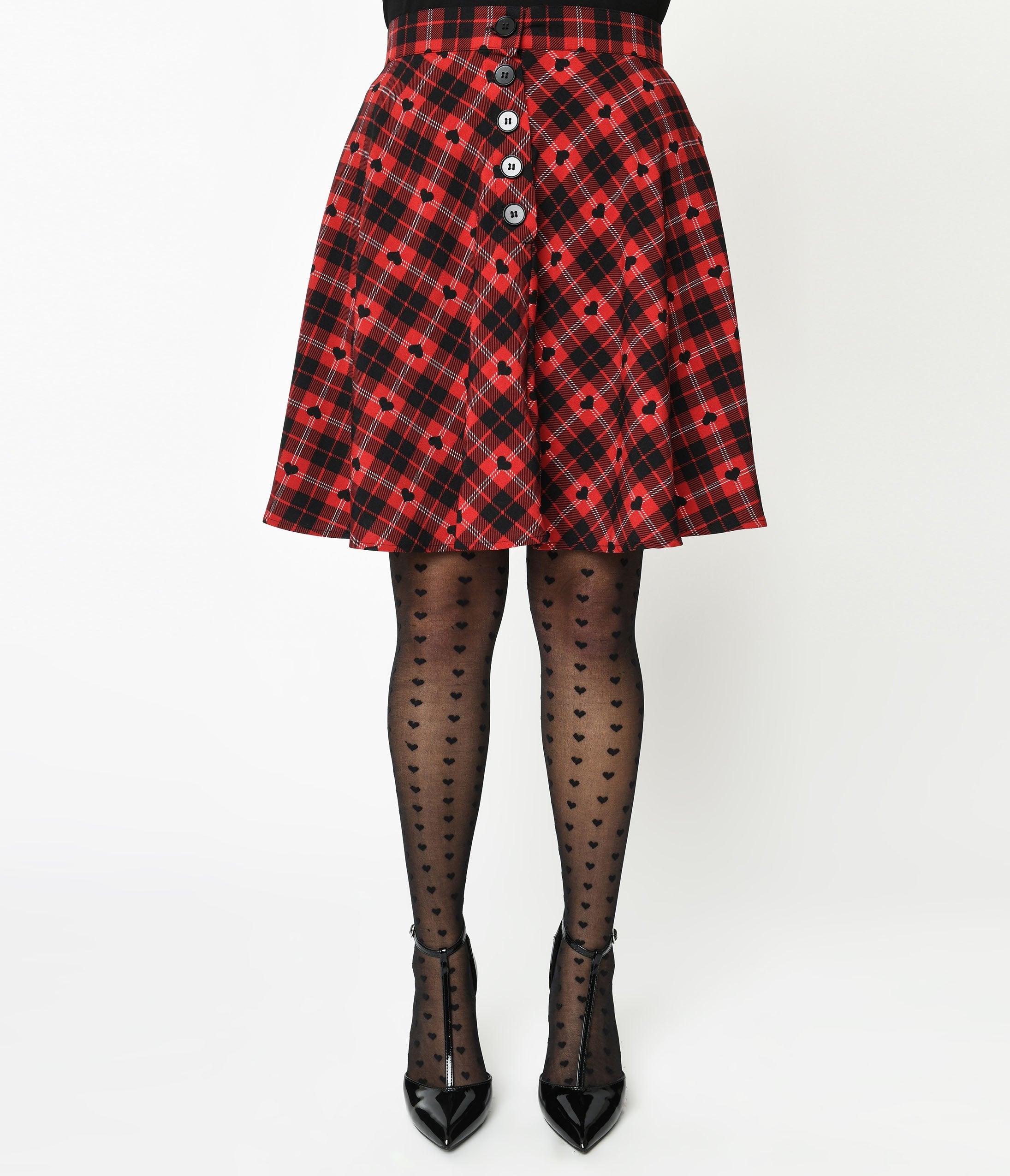 Hell Bunny Red & Black Heart Plaid Date Night Skirt