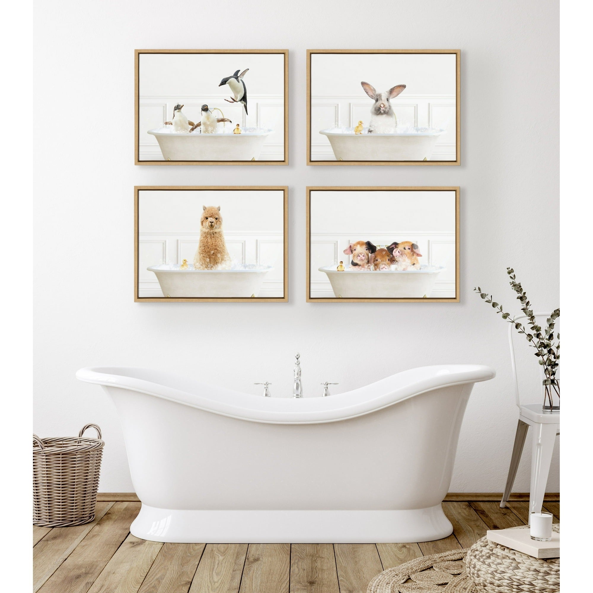 Kate & Laurel 89538350 All Things Decor 18x24 Sylvie Bunny in Bubble Bath Framed Canvas, Natural