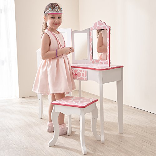 Teamson Kids Fashion Prints Vanity and Stool Set with Mirror Giraffe, Baby Pink/White