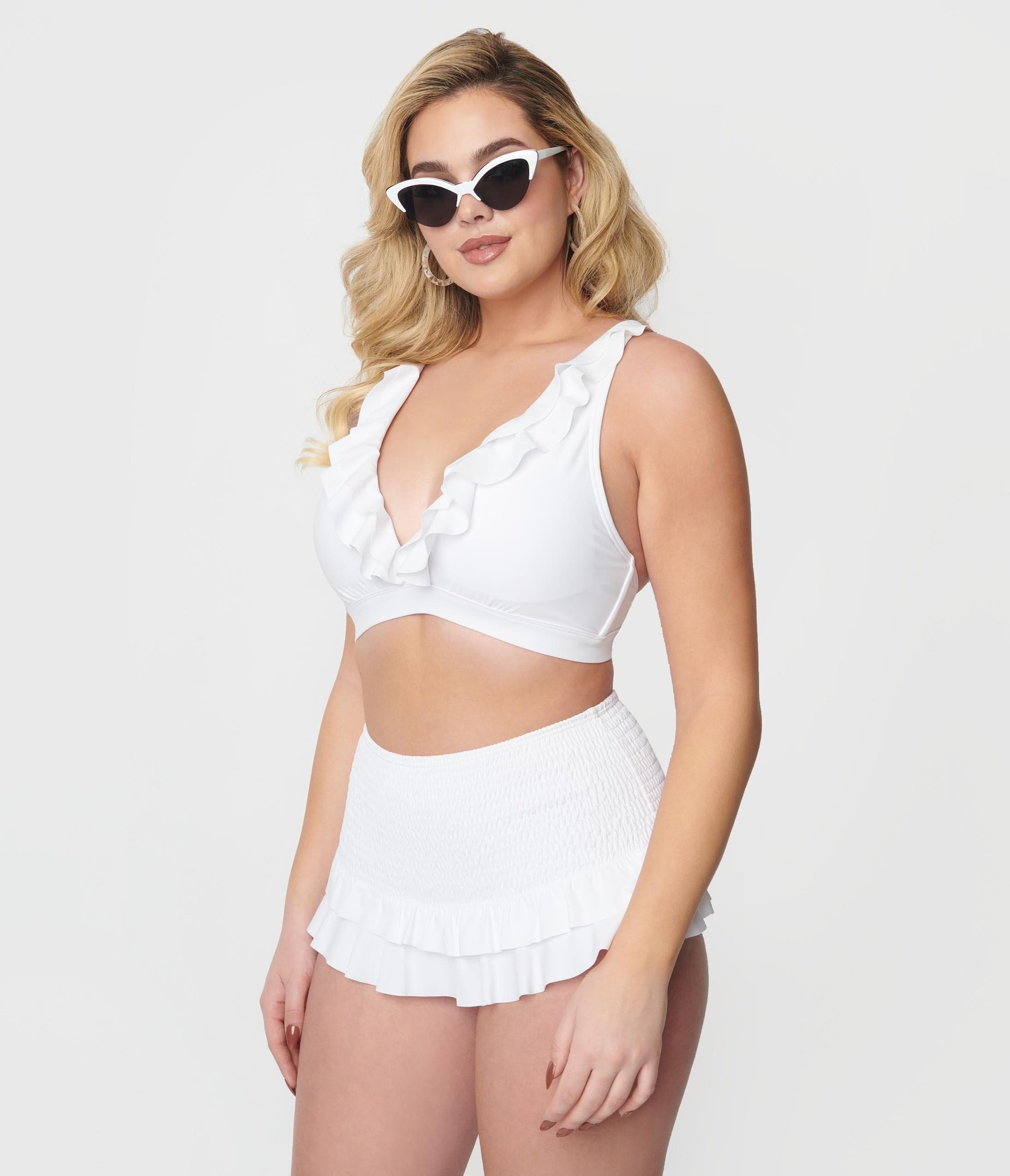 Unique Vintage White Ruffle Halter Swim Top