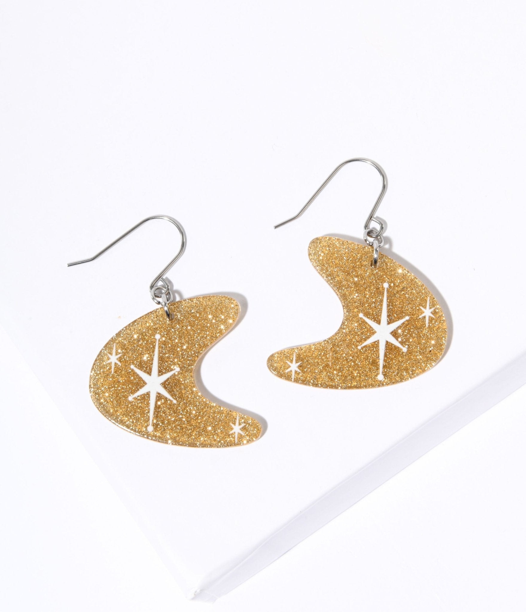 Gold Glitter Atomic Boomerang Dangle Earrings