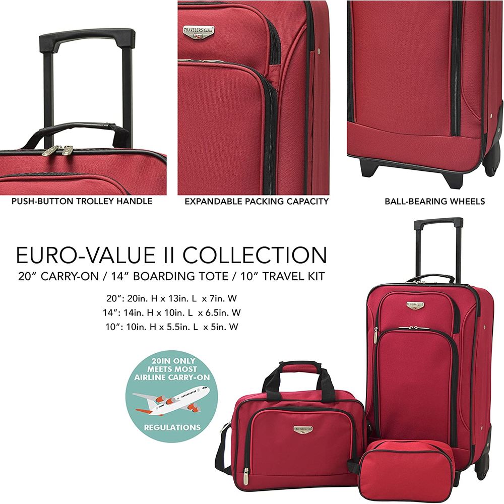 Traveler's Club EVA-12203-600 Softside Carry-On Value Luggage Set, Red