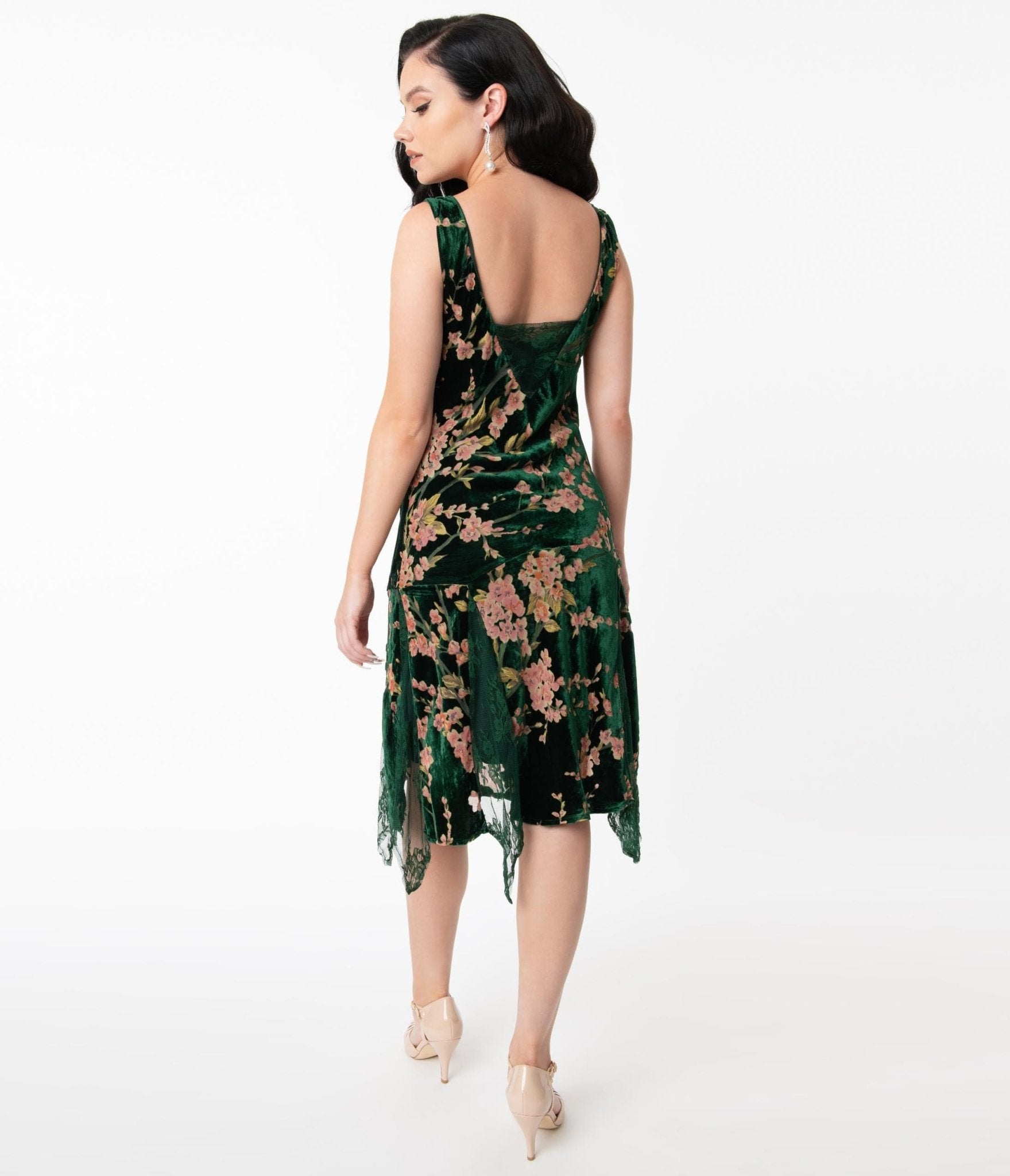 Unique Vintage 1920s Emerald Velvet Floral Burnout Hemingway Flapper Dress