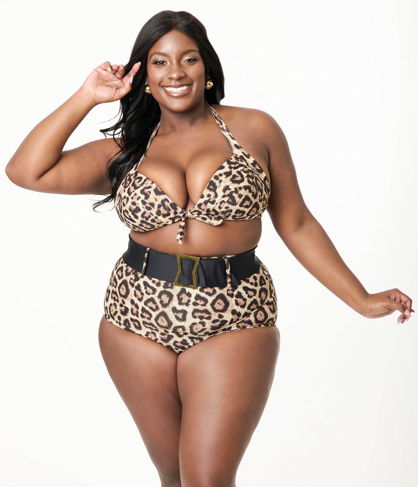 Unique Vintage Plus Size Leopard Print Monroe Halter Swim Top