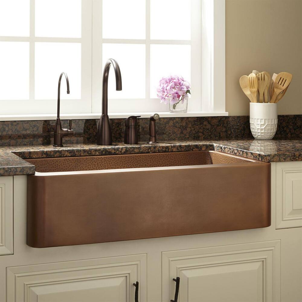 Signature Hardware 318879 Raina 36 Farmhouse Single Basin Copper Kitchen Sink, Copper Antique