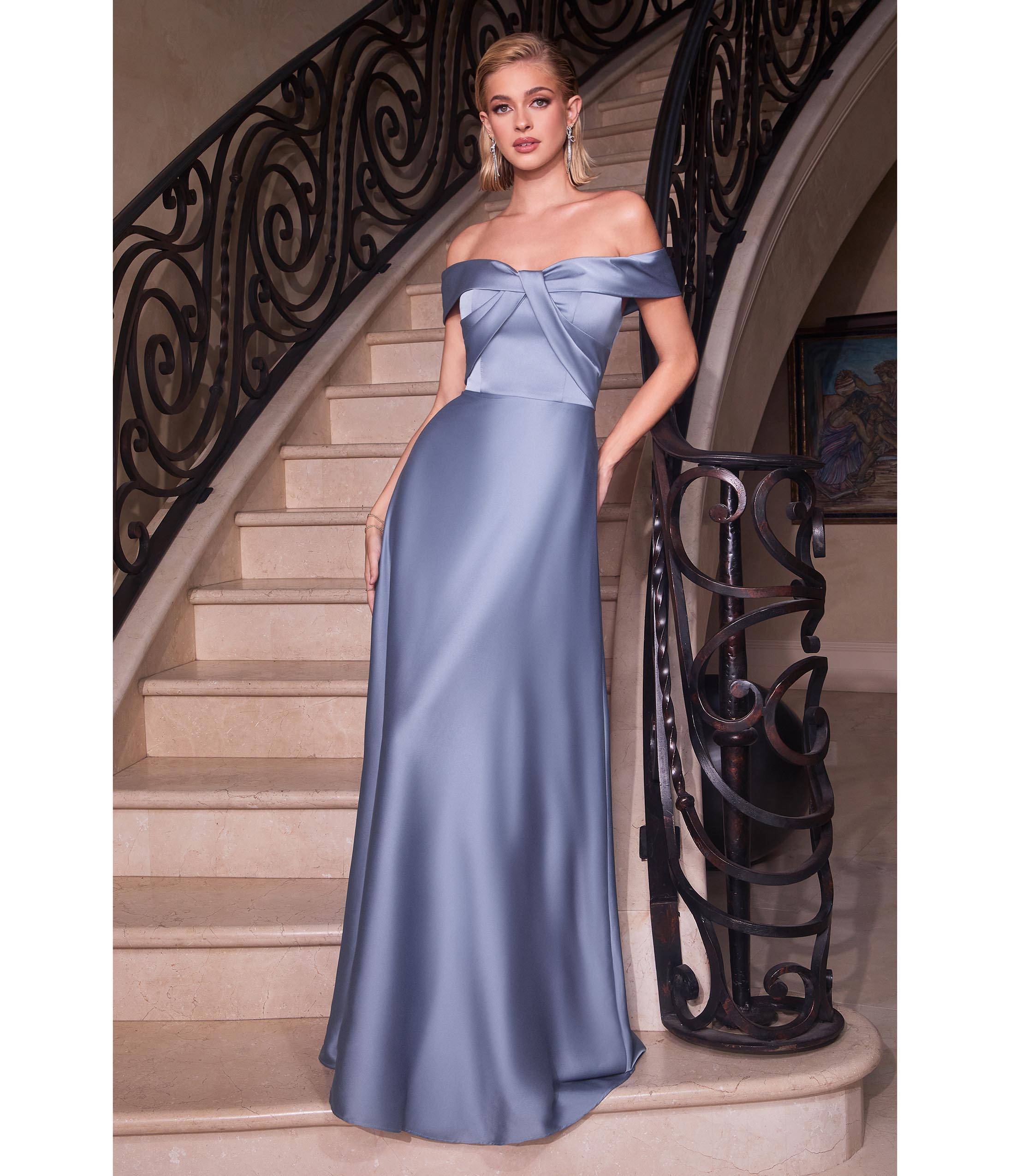 Ladivine by Cinderella Divine Paris Blue Satin Off The Shoulder Prom Gown