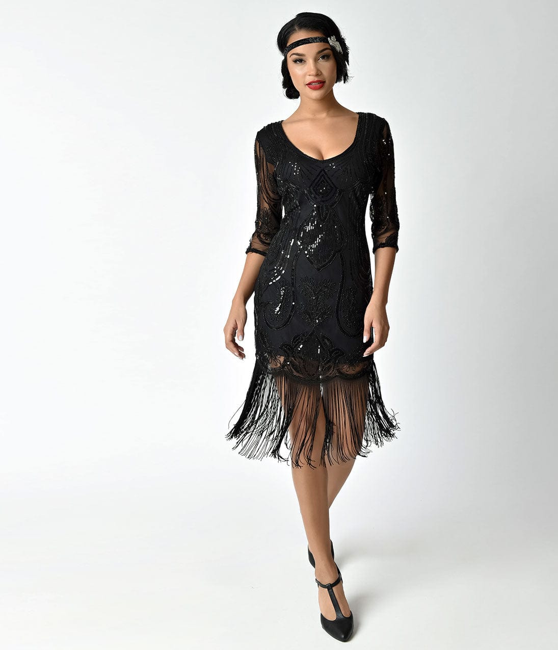 Unique Vintage 1920s Black Beaded & Sequin Margaux Sleeved Fringe Cocktail Dress