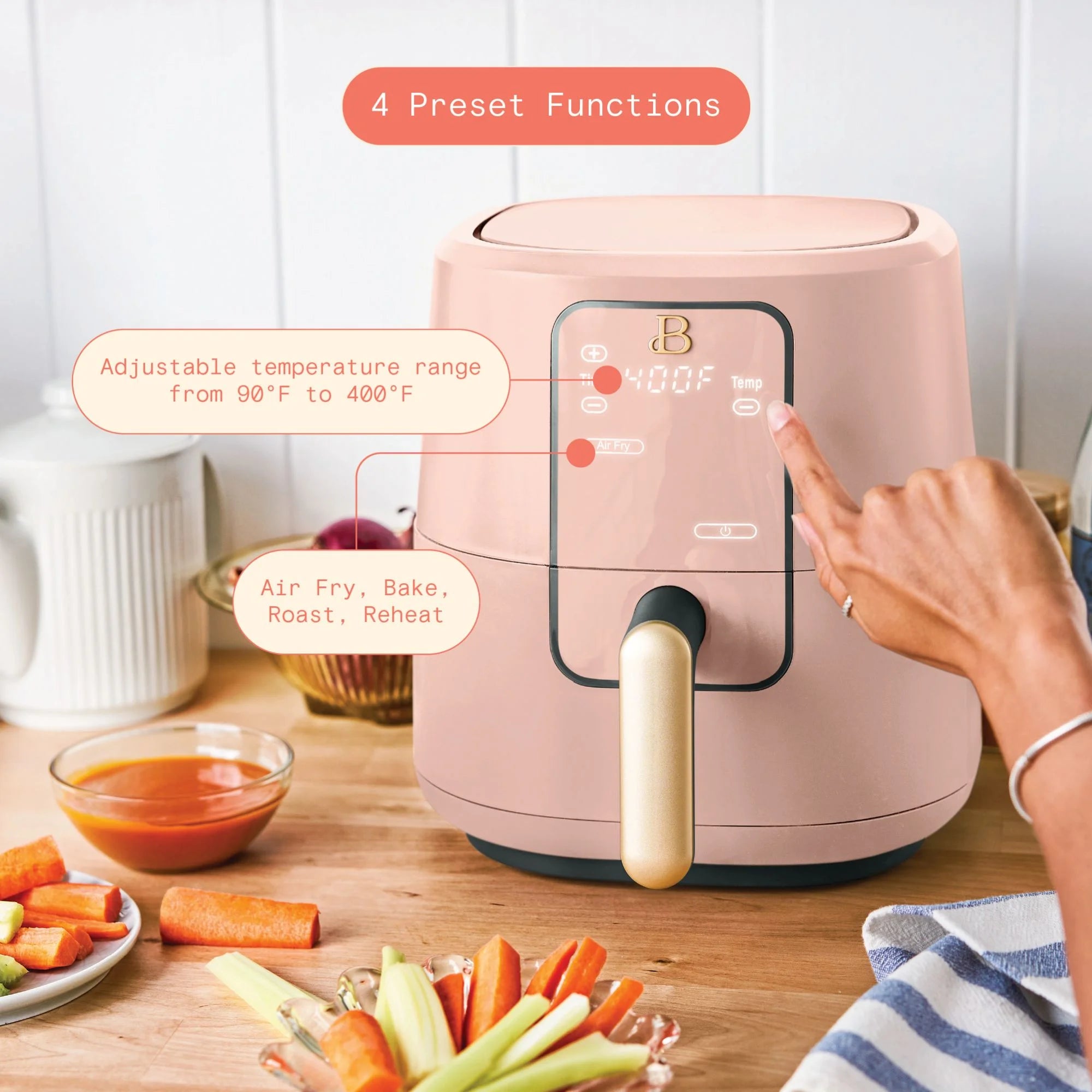 Beautiful 19704 3 Qt Air Fryer with TurboCrisp Technology, Rose by Drew Barrymore