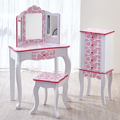 Teamson Kids Fashion Prints Vanity and Stool Set with Mirror Giraffe, Baby Pink/White