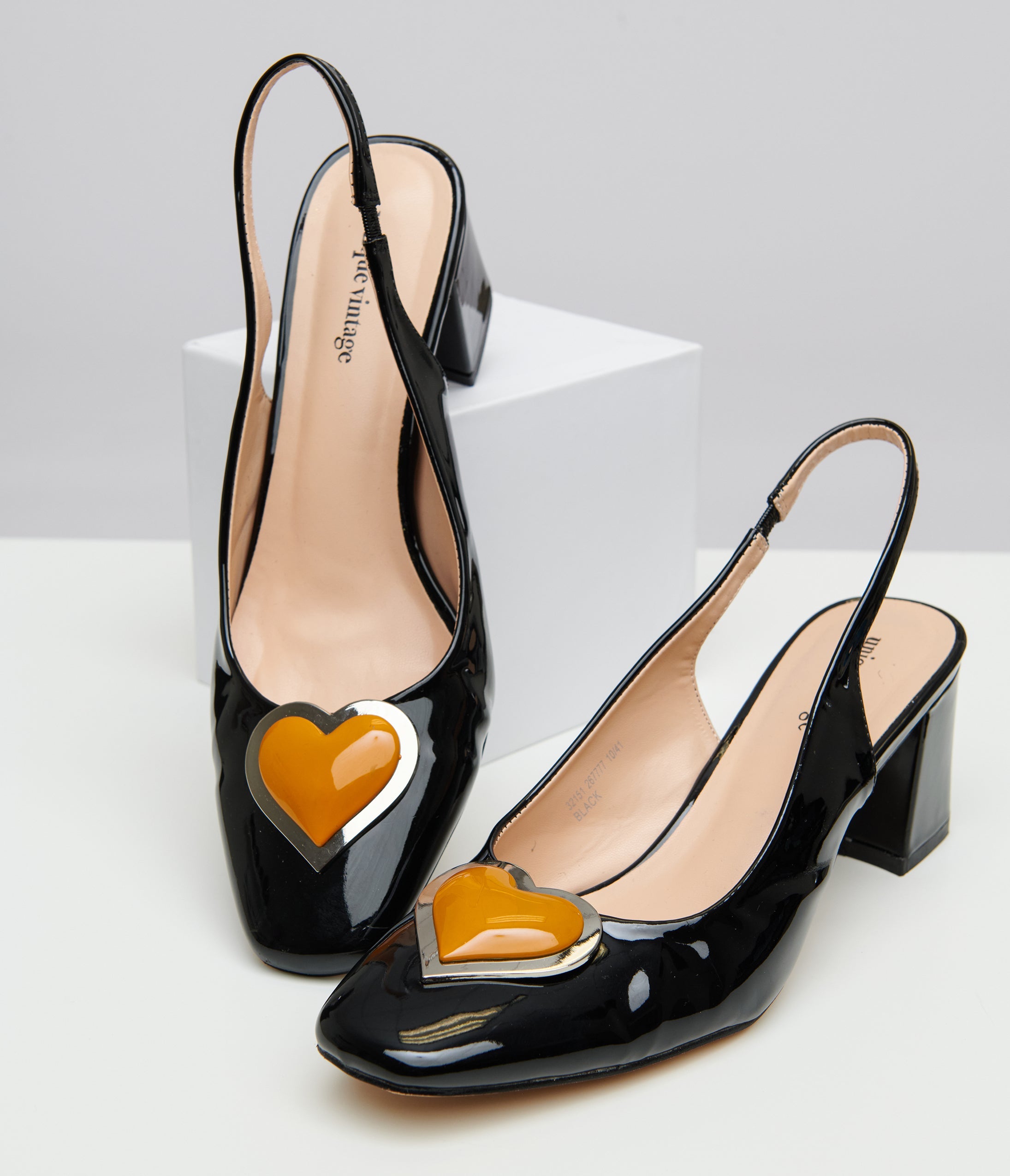 Unique Vintage Black & Orange Heart Leatherette Slingback Heels