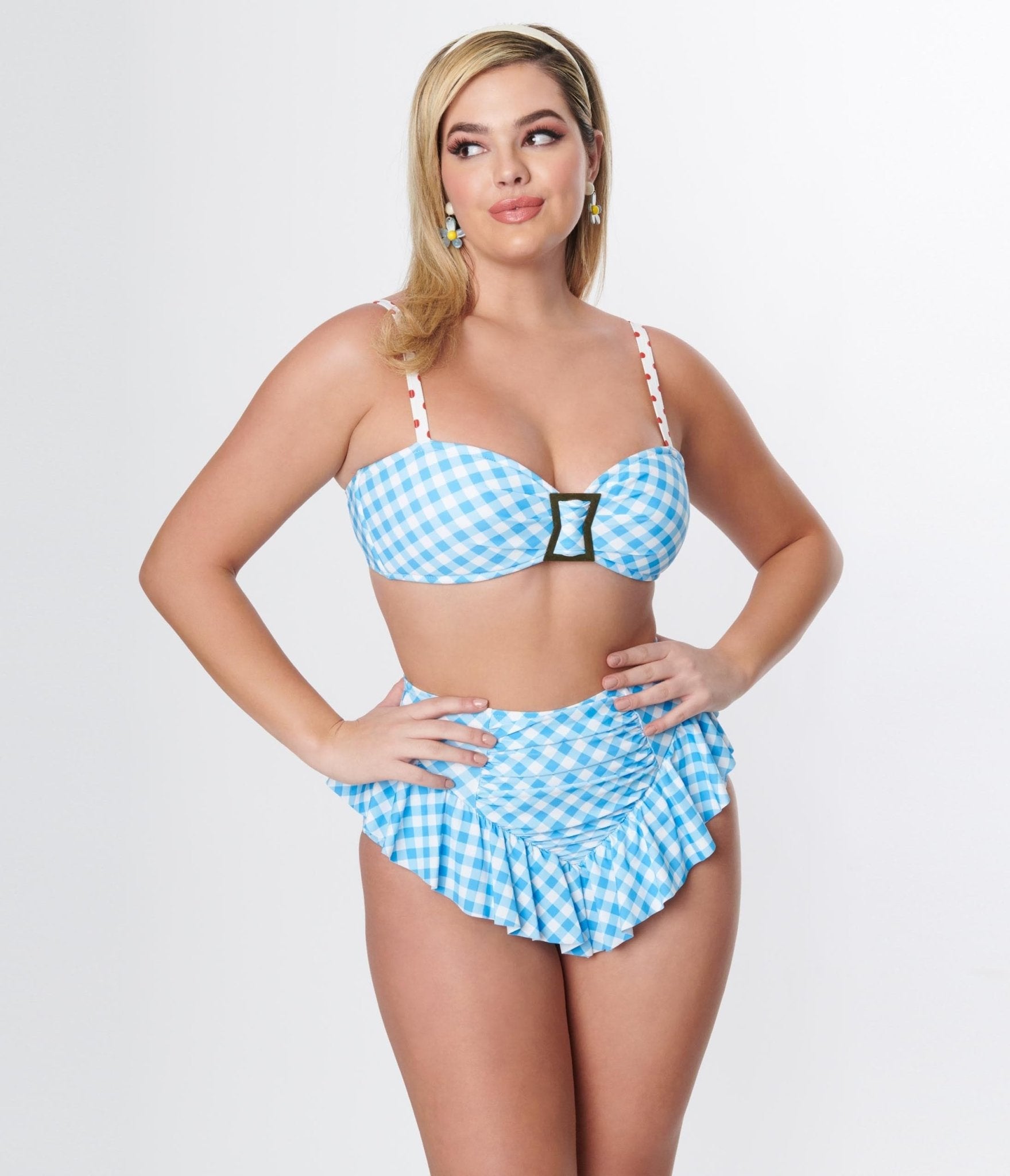 Unique Vintage Blue Gingham Buckle Swim Top