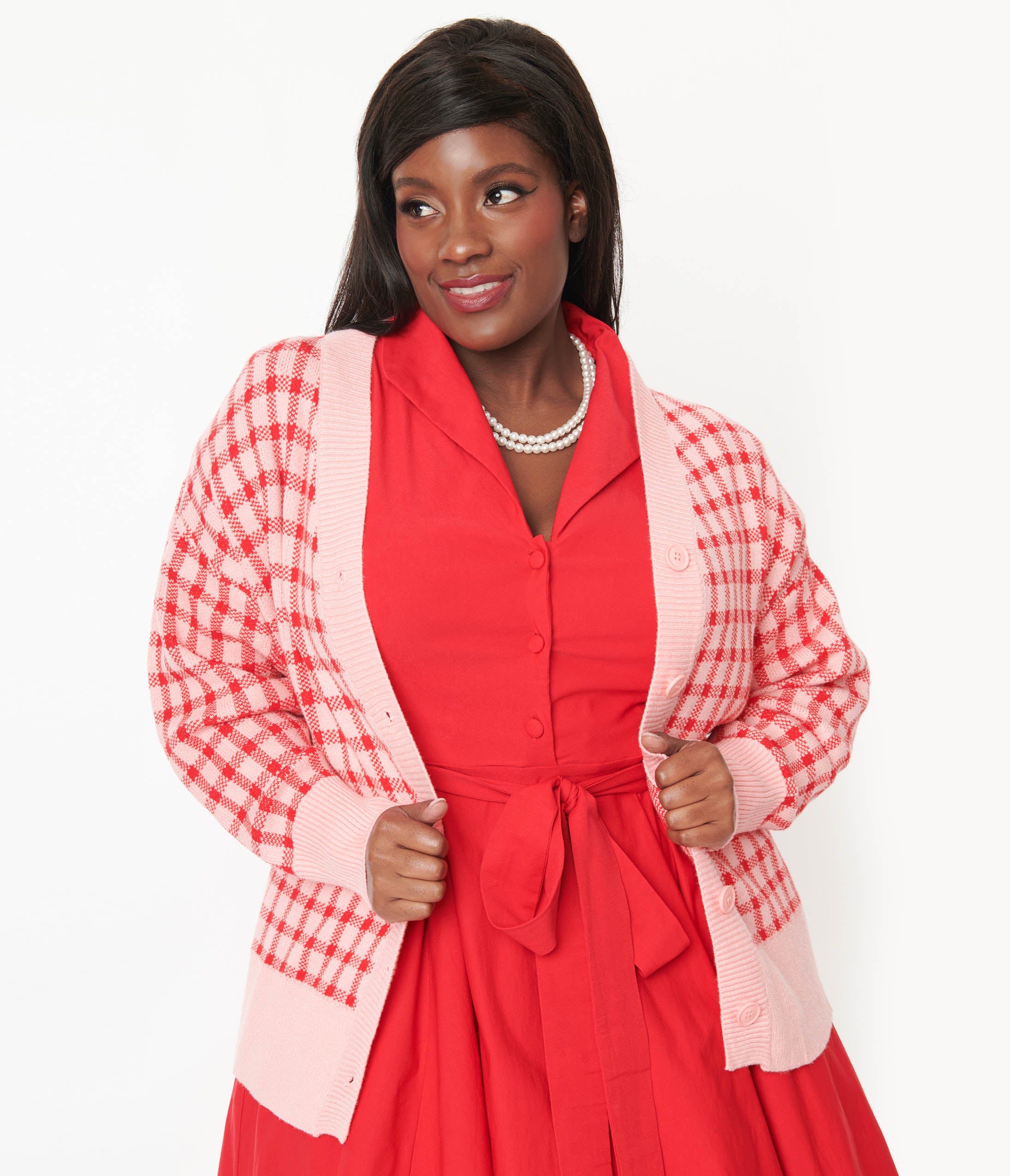 Pink & Red Checkered Cardigan