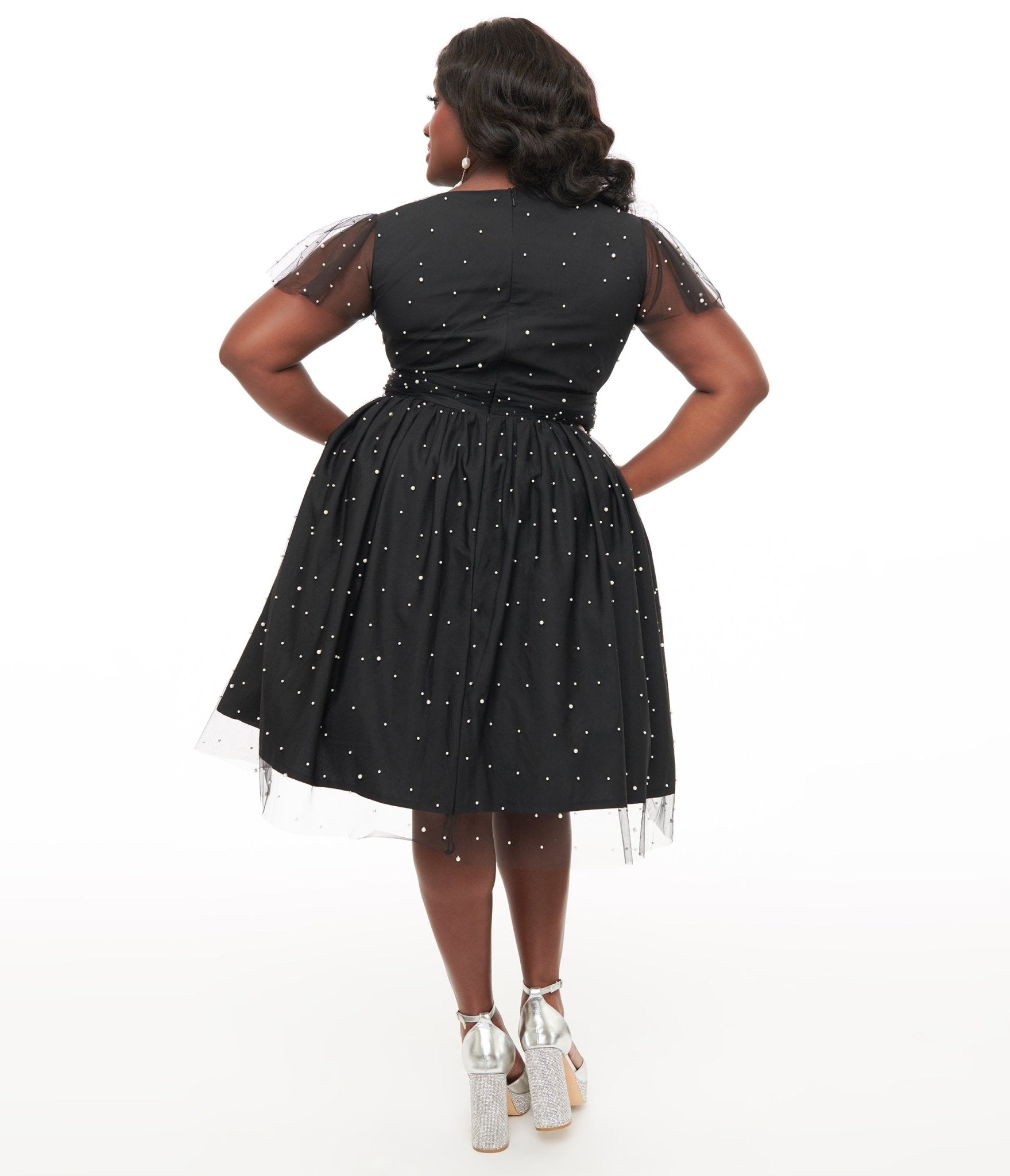 Magnolia Place Plus Size 1950s Black Faux Pearl Swing Dress