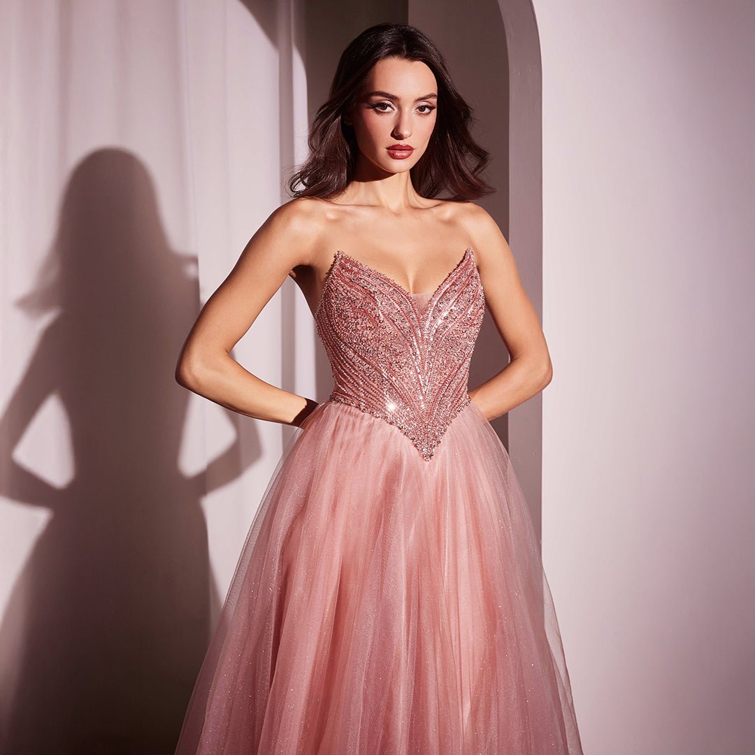 Ladivine by Cinderella Divine Blush Beaded Strapless Tulle Prom Dress